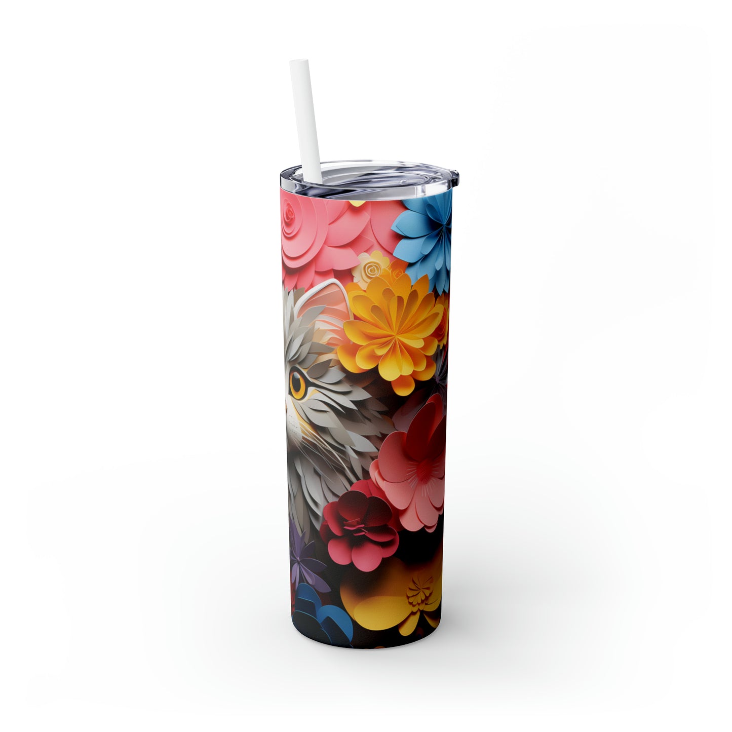 Skinny Tumbler with Straw, 20oz, Floral Paper Cut Cat, awd-423