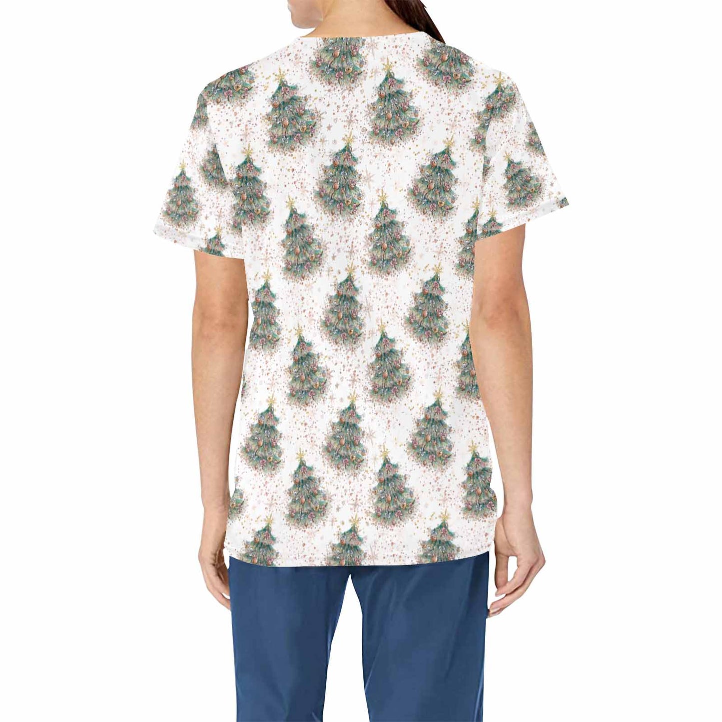 White Christmas  Women's V Neck Scrub Top Nurse Uniform with Deep Front Pockets