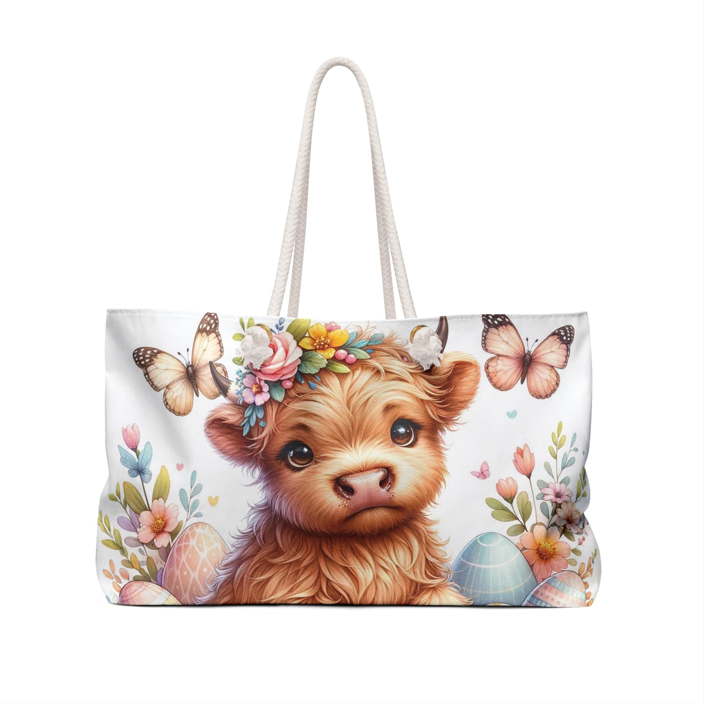 Personalised/Non-Personalised Weekender Bag, Easter, Highland Cow, Large Weekender Bag, Beach Bag, Book Bag