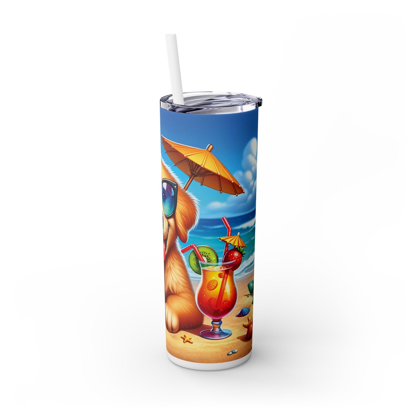 Skinny Tumbler with Straw, 20oz, Dog on Beach, Golden Retriever, awd-1213