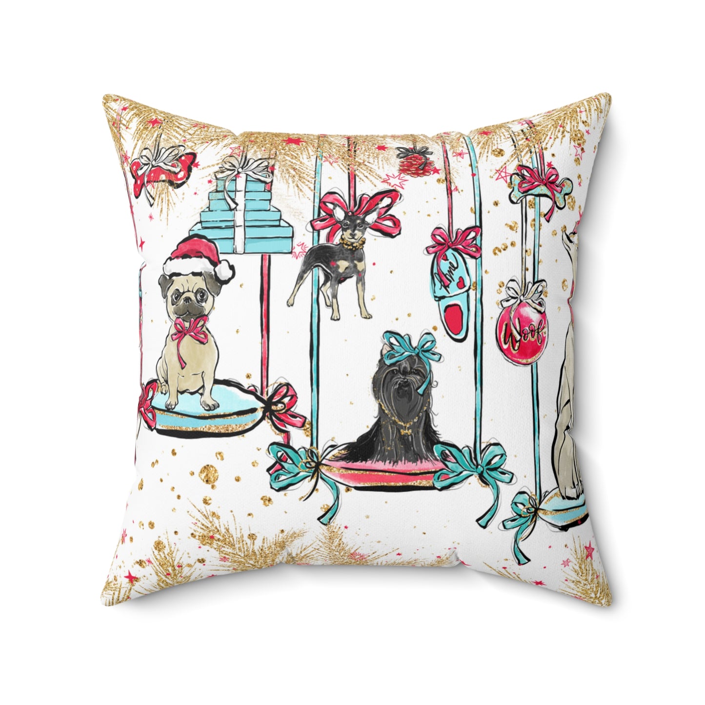 Spun Polyester Square Pillow, Doggie Ornaments Christmas Cushion