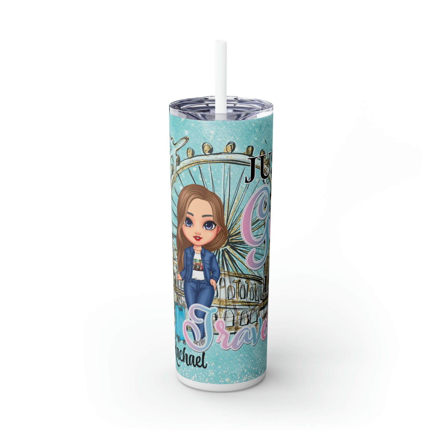 Skinny Tumbler with Straw, 20oz, Personalized, Just A Girl Who Loves Travelling, Brown Hair