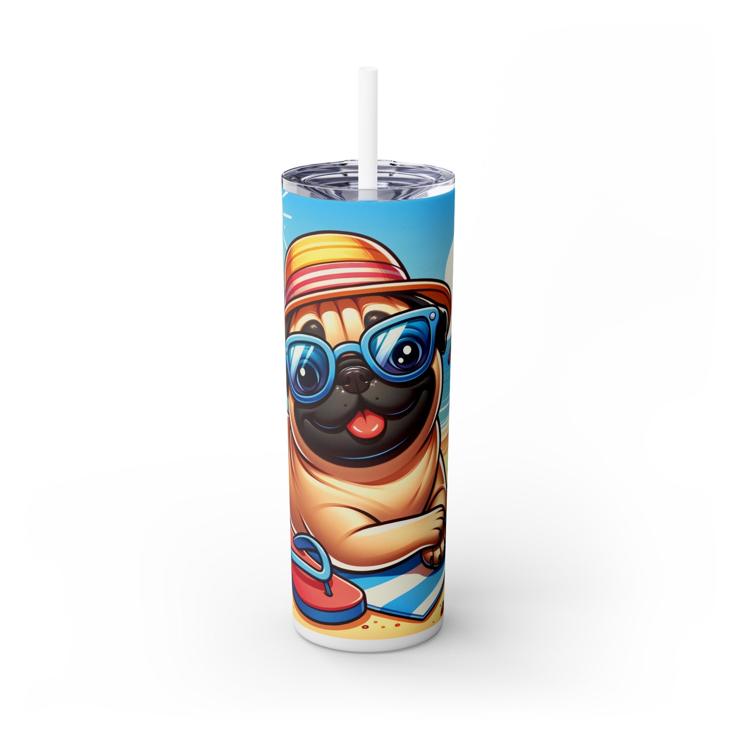 Skinny Tumbler with Straw, 20oz, Dog on Beach, Pug, awd-1236