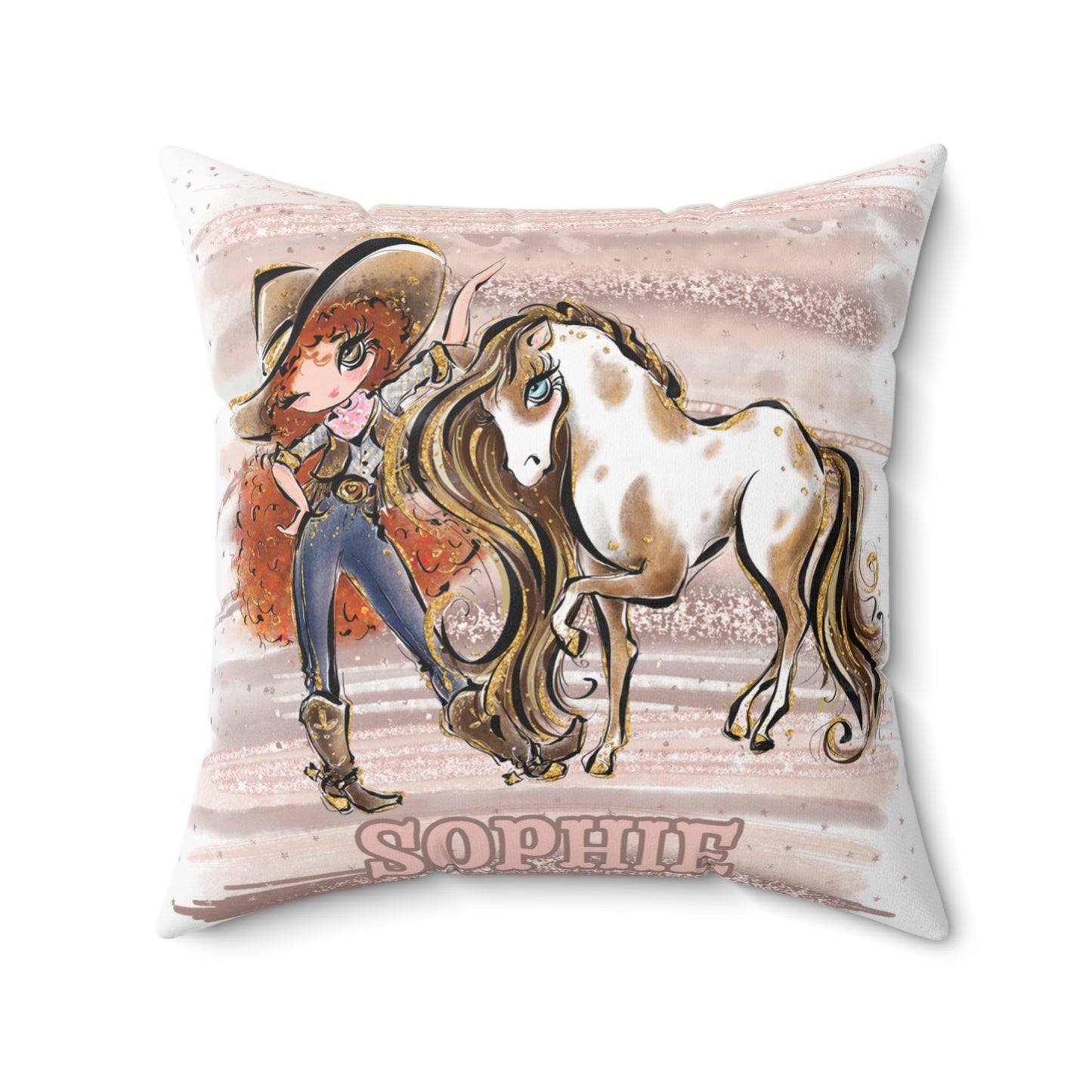 Personalised Cowgirl and Horse Cushion,  Red Curly Hair, Brown Eyes, Polyester Square Cushion, Christmas cushion