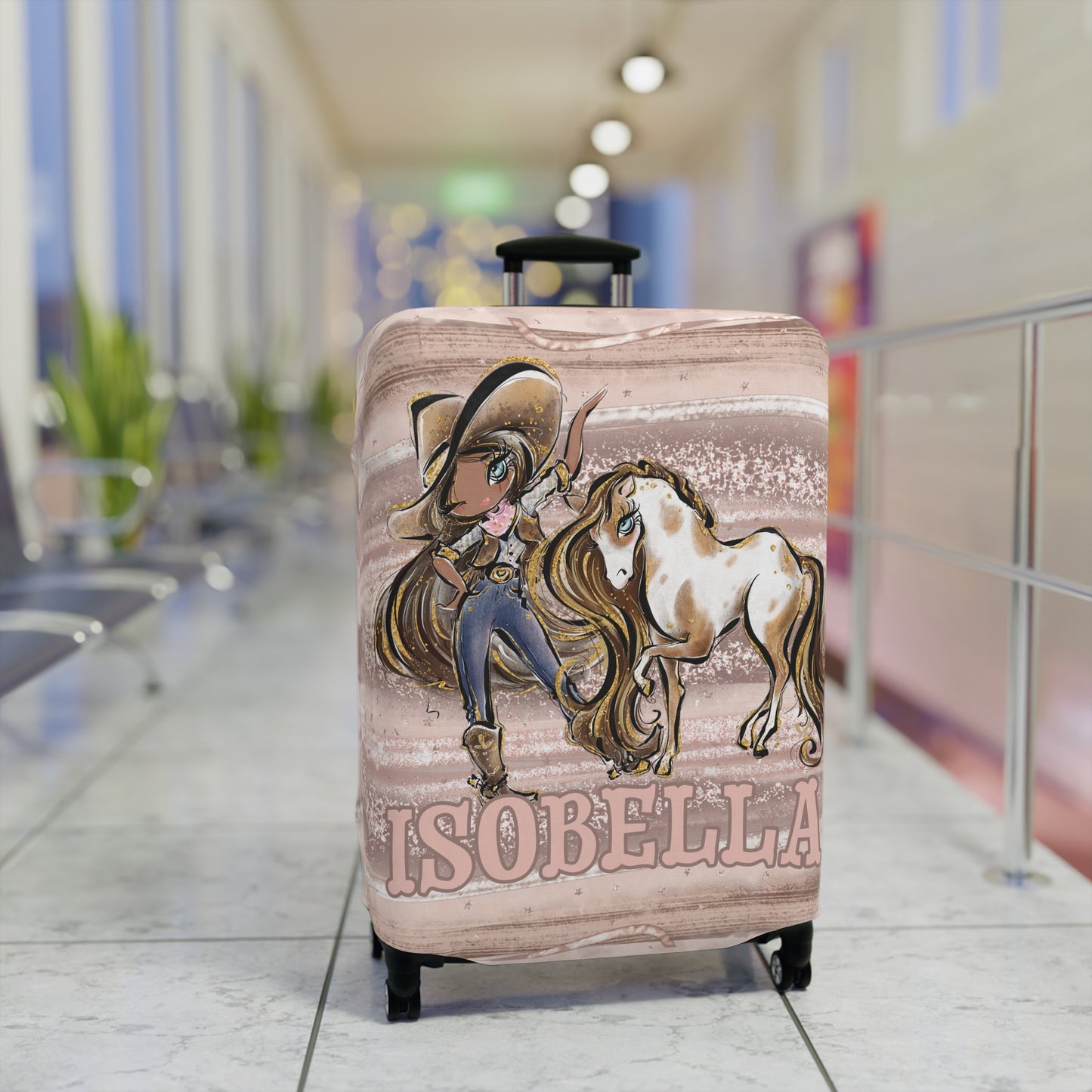 Luggage Cover, Howdy Cowgirl and Horse, Brunette Hair Olive Skin Blue Eyes