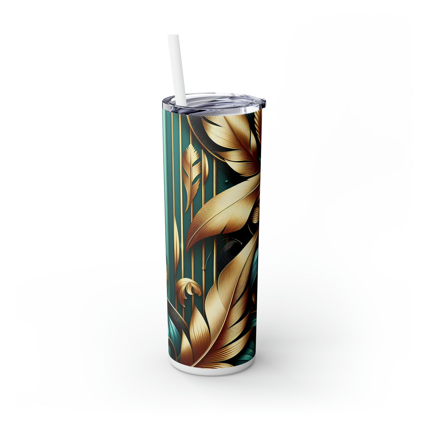 Skinny Tumbler with Straw, 20oz, Green and Gold Leaves, awd-309