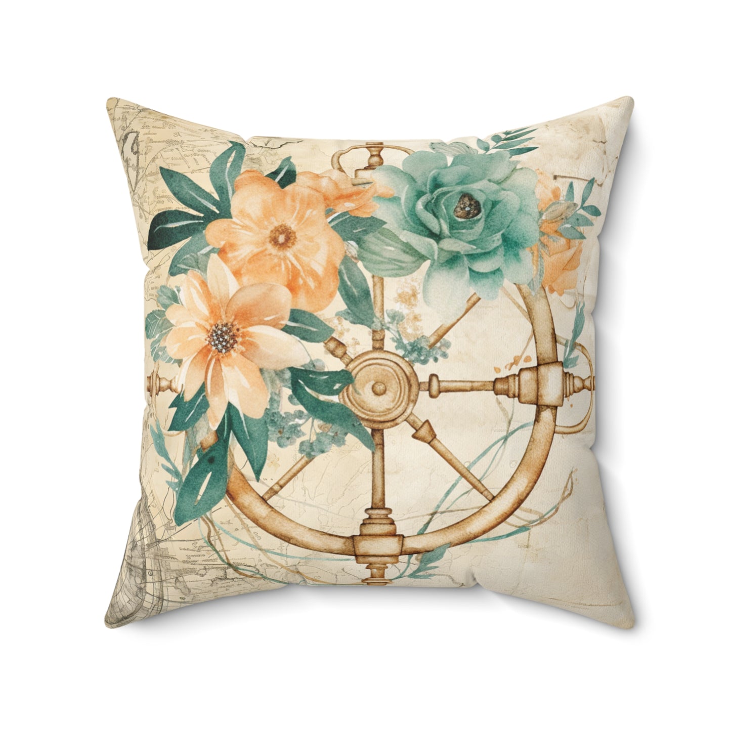 Nautical Polyester Square Cushion, Nautical cushion, Natural Ships Wheel