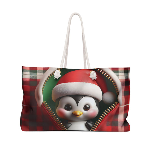 Personalised/Non-Personalised Weekender Bag, Cute Penguin, Christmas, Tartan, Large Weekender Bag, Beach Bag, Book Bag