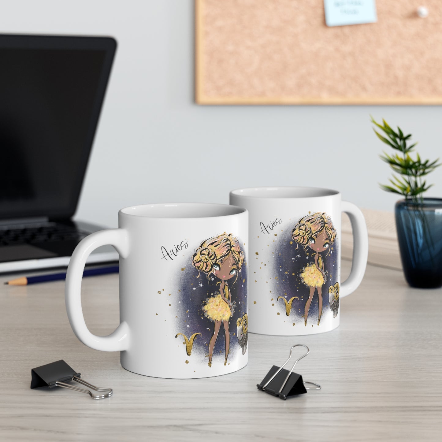 Personalised/Non Personalised Zodiac Sign, Aries, Ceramic Mug 11oz Blonde Hair - Blue Eyes - Bg