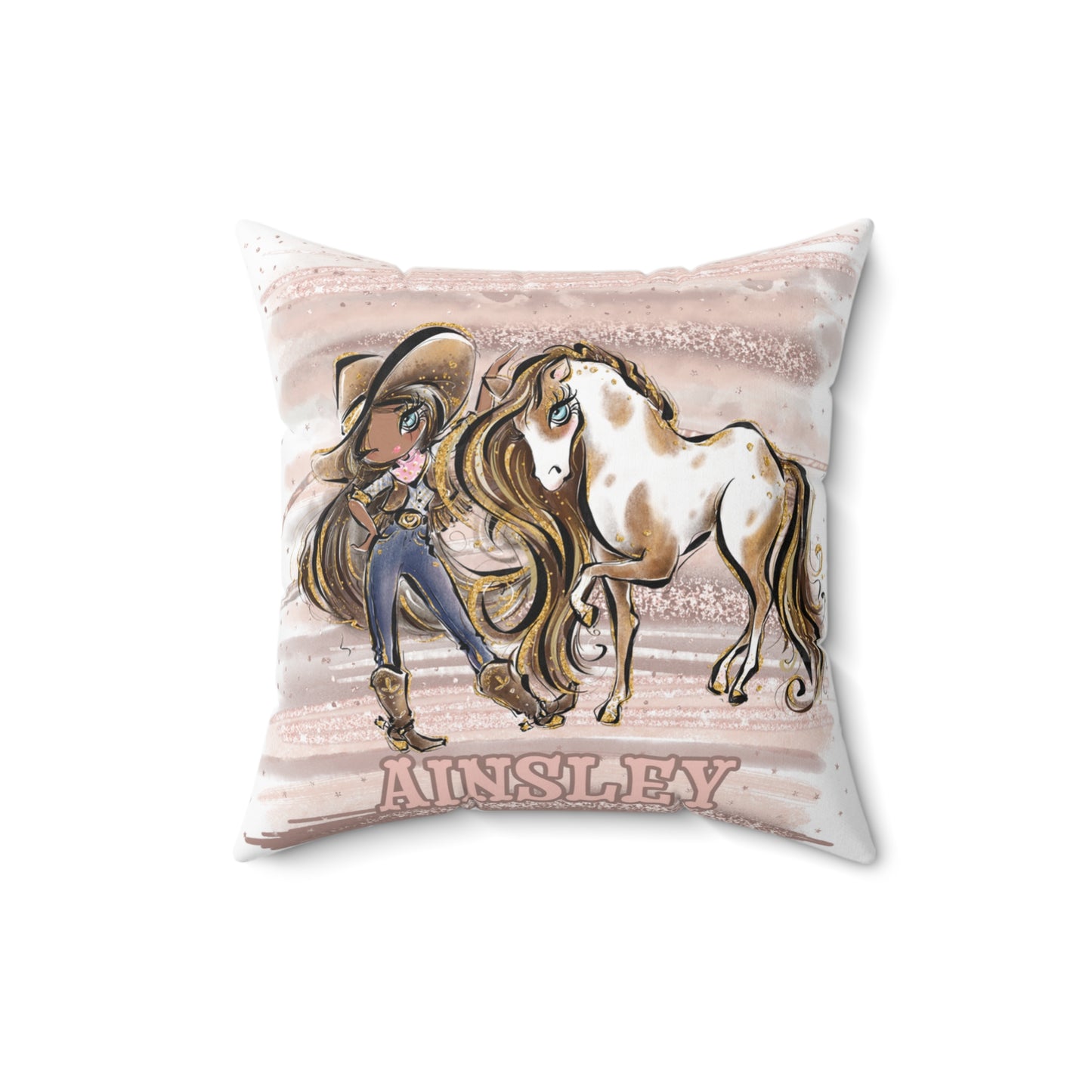 Personalised Cowgirl and Horse Cushion,  Brown Hair, Olive Skin, Blue Eyes, Polyester Square Cushion, Christmas cushion