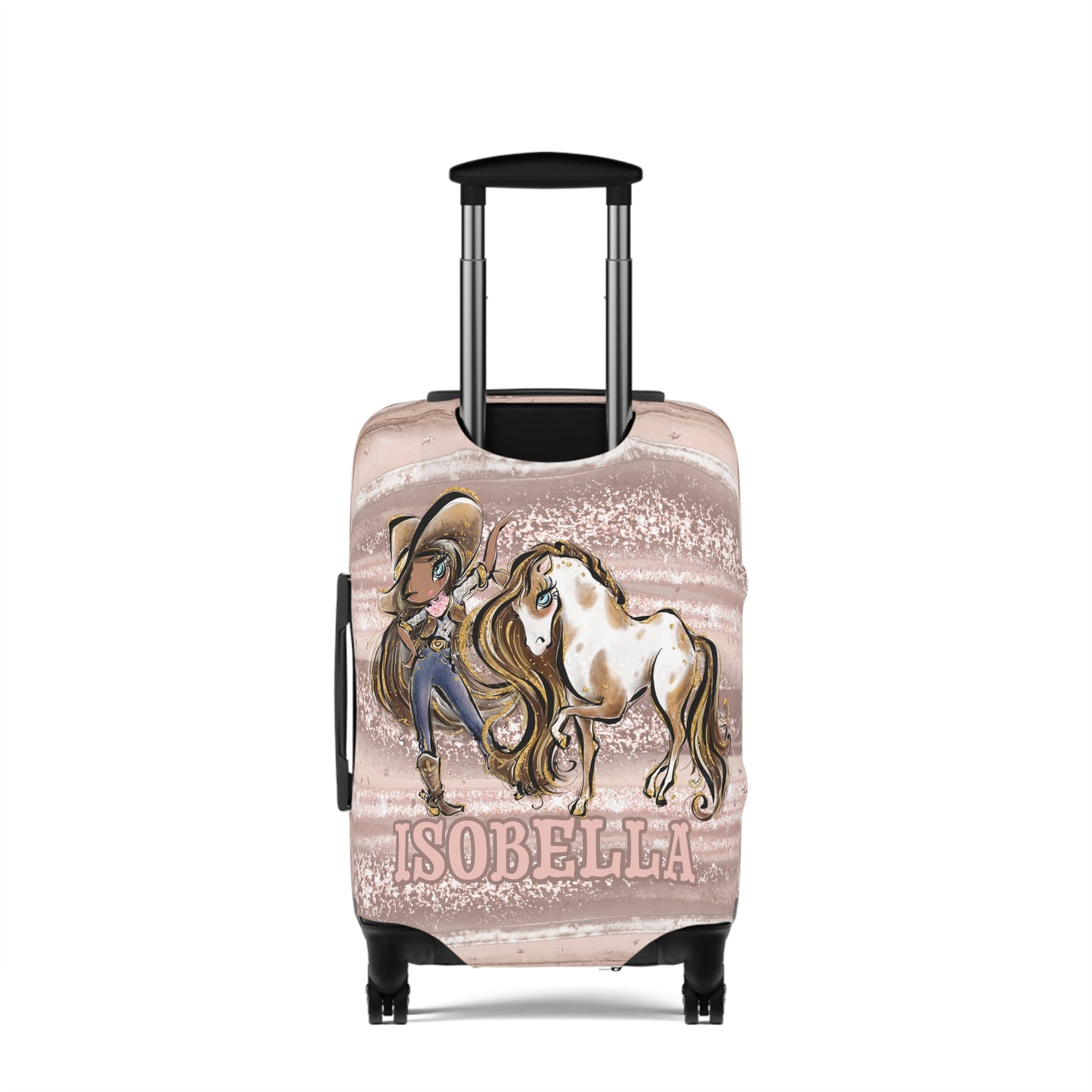 Luggage Cover, Howdy Cowgirl and Horse, Brunette Hair Olive Skin Blue Eyes