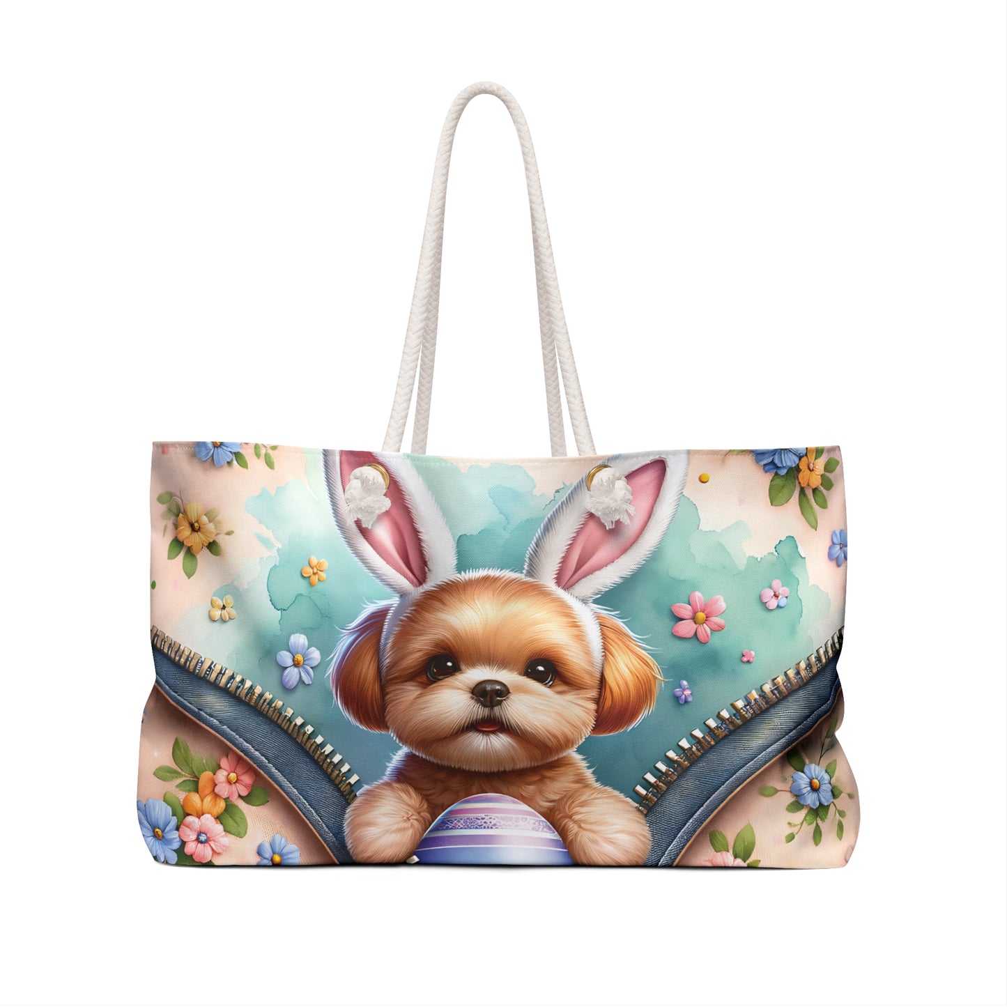 Personalised/Non-Personalised Weekender Bag, Easter, Cute Dog with Bunny Ears, Large Weekender Bag, Beach Bag, Book Bag