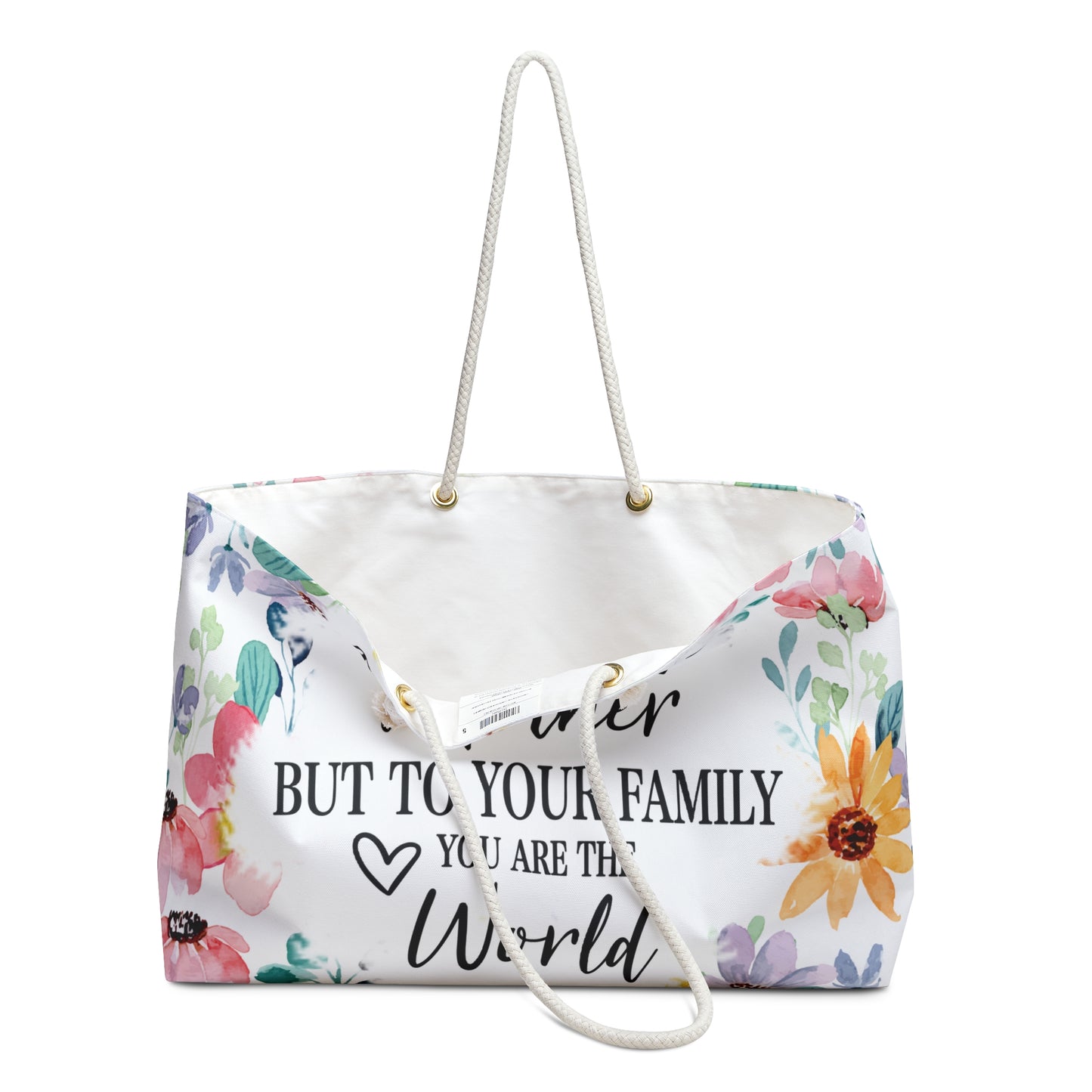 Personalised/Non-Personalised Weekender Bag, Floral, To The World you are a Mother but to your Family you are the World, Large Weekender Bag, Beach Bag, Book Bag