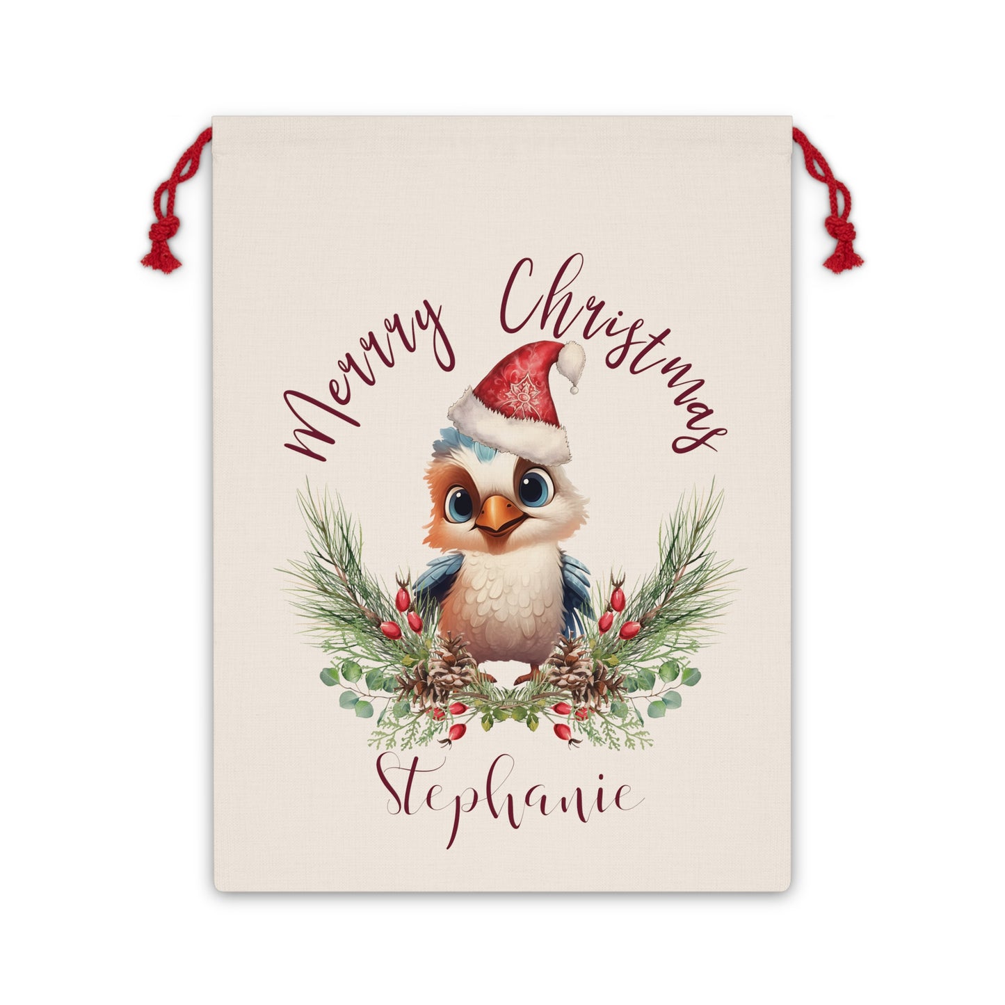 Personalised Santa Sack, Kookaburra, Poinsettia Leaves Linen Bag