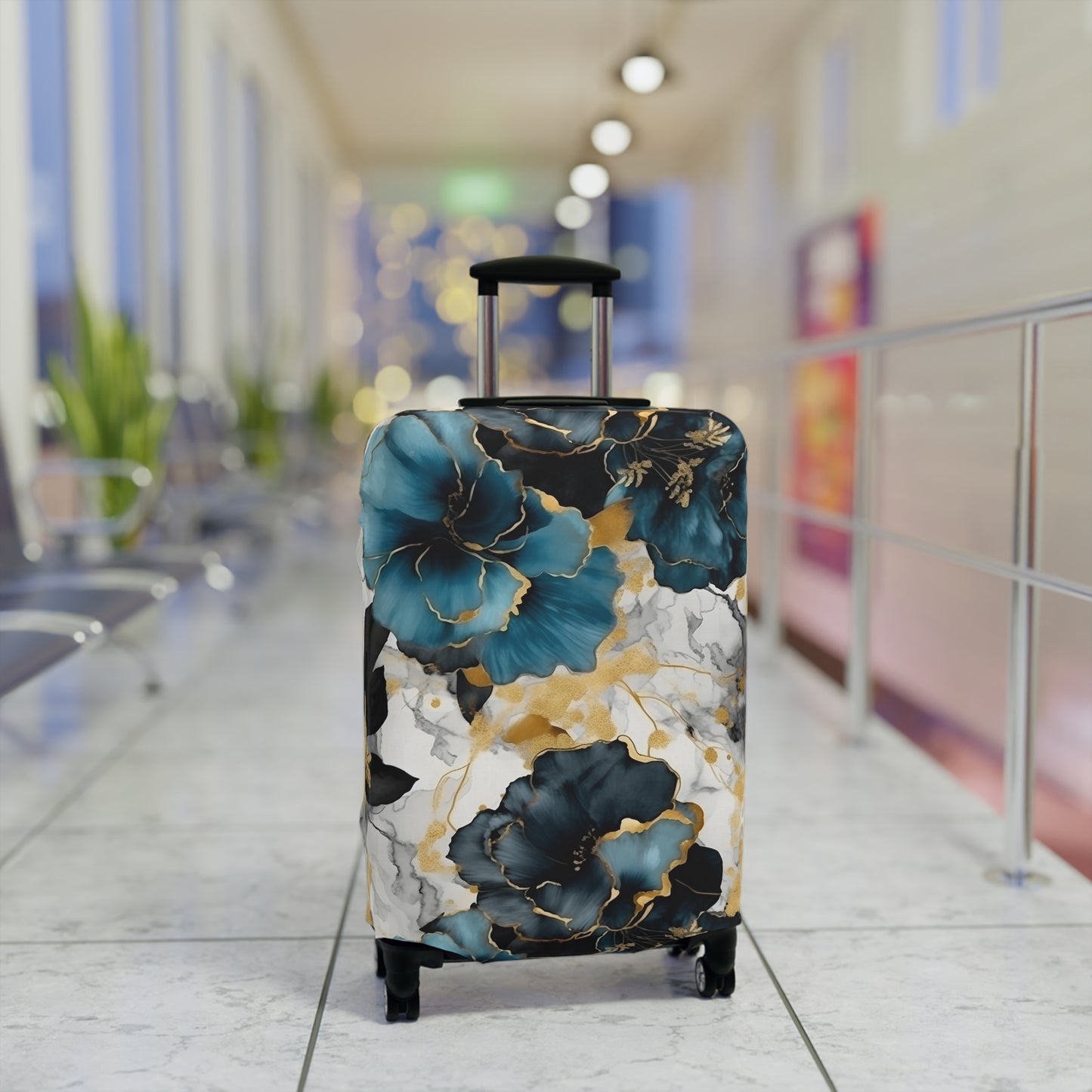 Luggage Cover, Alcohol Ink Black, Blue and Gold Floral