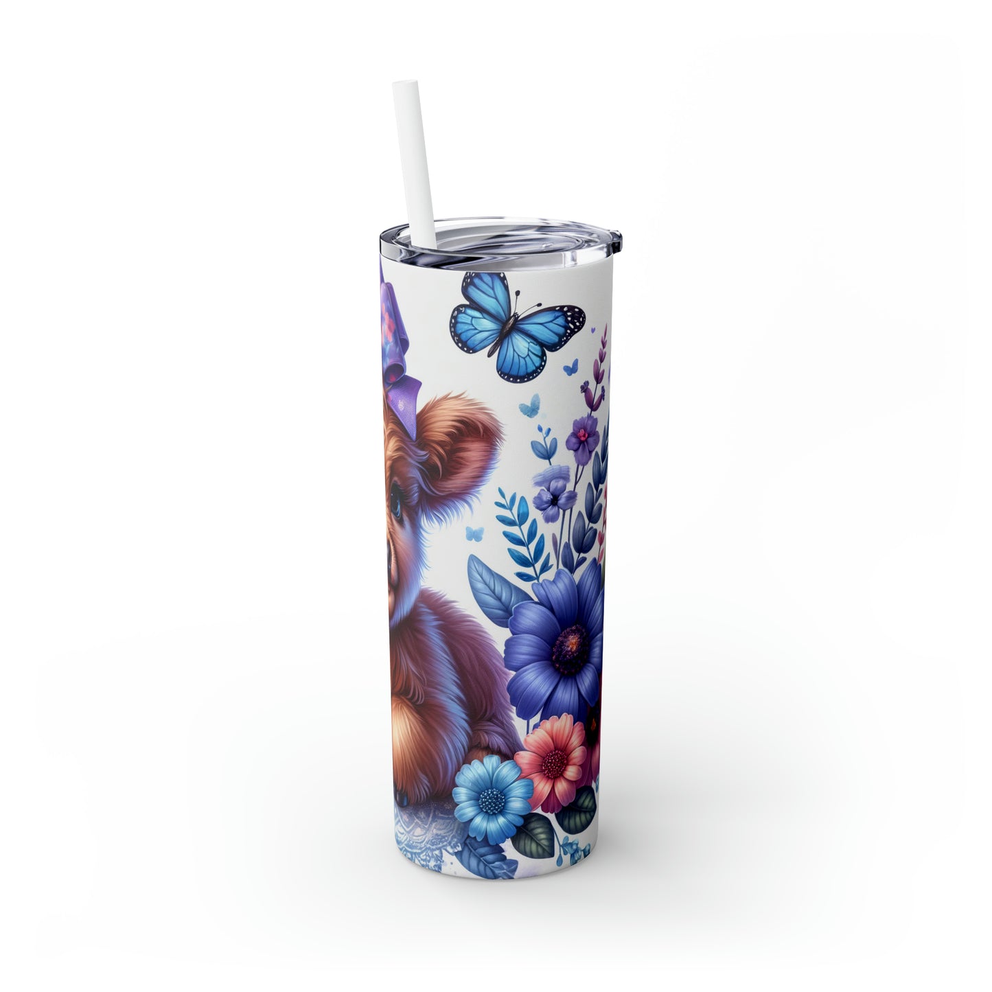 Skinny Tumbler with Straw, 20oz, Baby Highland Cow Pink & Purple