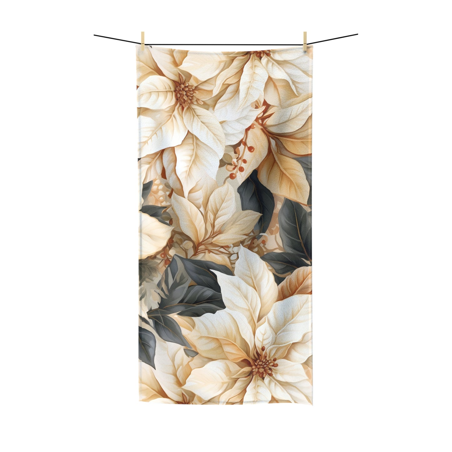 Beach Towel, Cream Poinsettia Flowers, Polycotton Towel