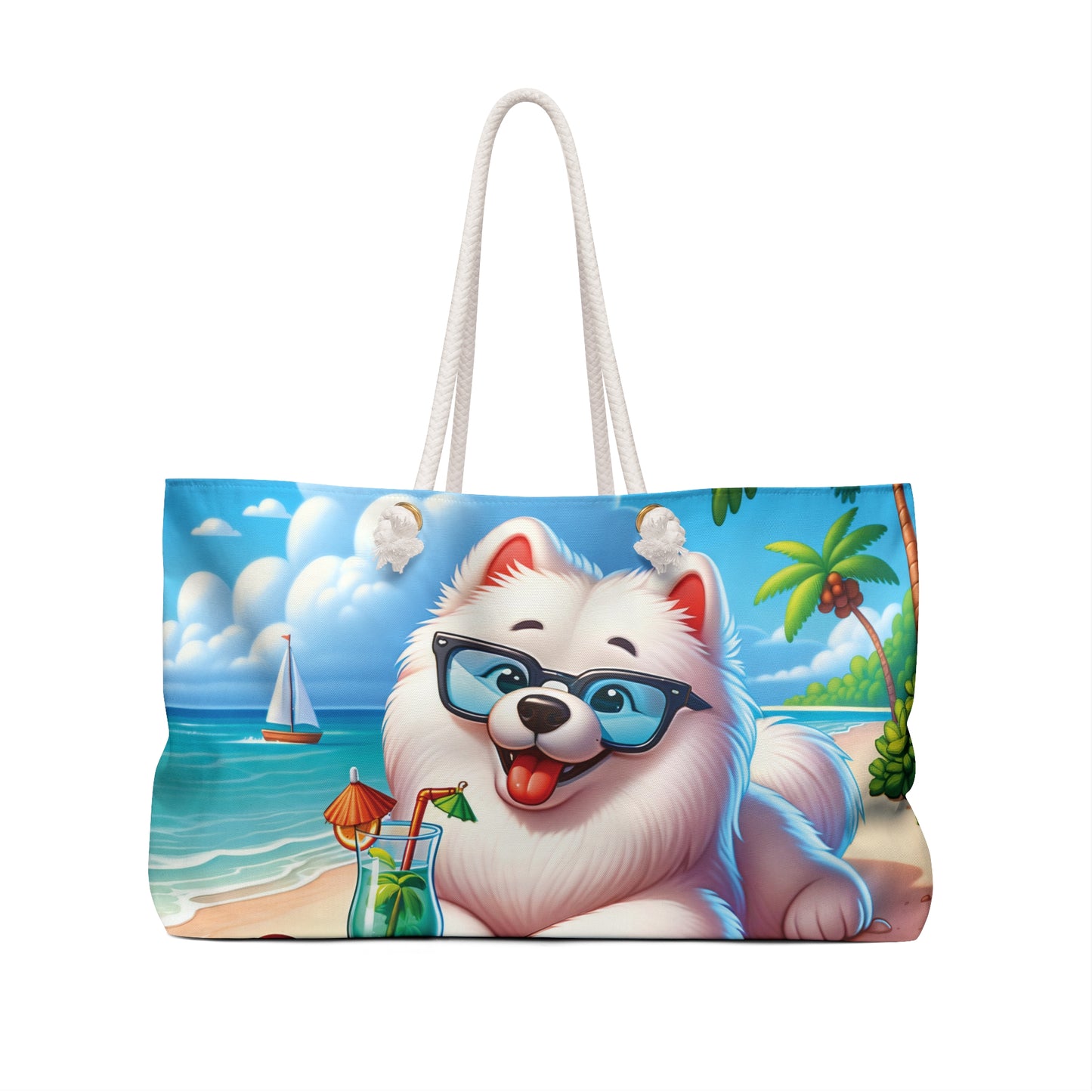 Personalised/Non-Personalised Weekender Bag, Summer Beach Dog, Samoyed, Large Weekender Bag, Beach Bag, Book Bag