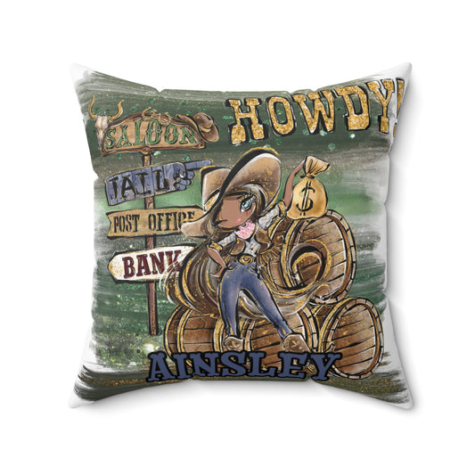 Personalised Howdy Cushion, Brown Hair, Olive Skin, Blue Eyes, Polyester Square Cushion, Christmas cushion