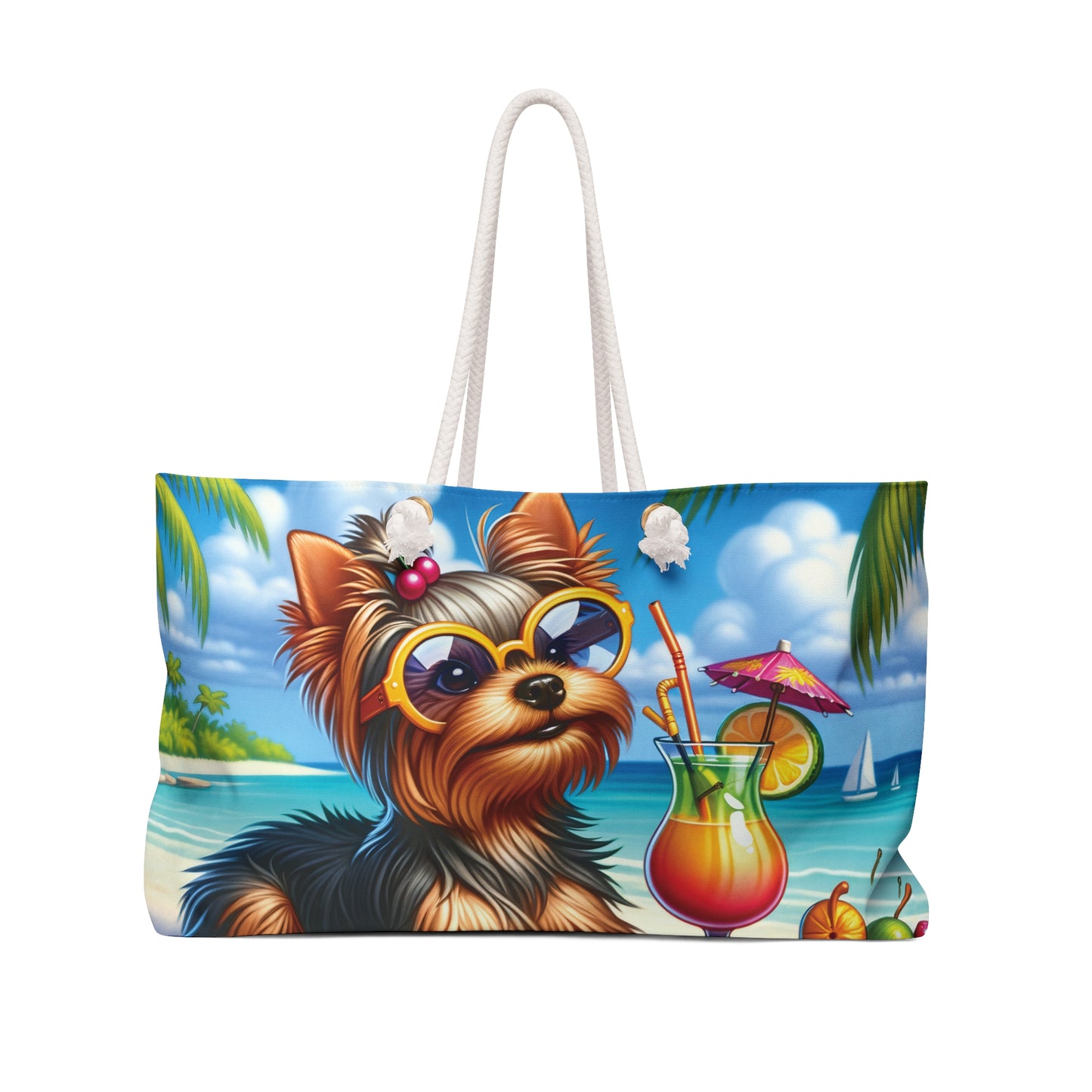 Personalised/Non-Personalised Weekender Bag, Summer Beach Dog, Yorkshire Terrier, Large Weekender Bag, Beach Bag, Book Bag