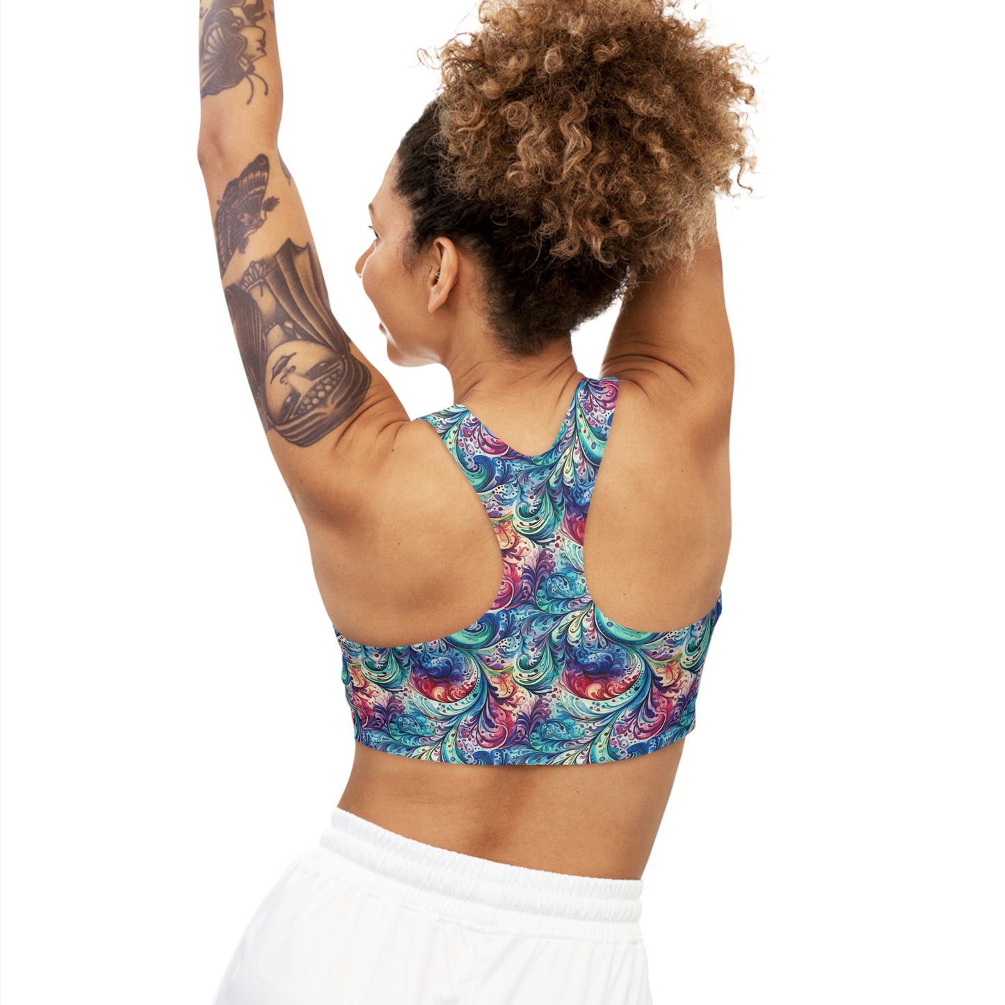 Seamless Sports Bra, Navy Blue Paisley Design