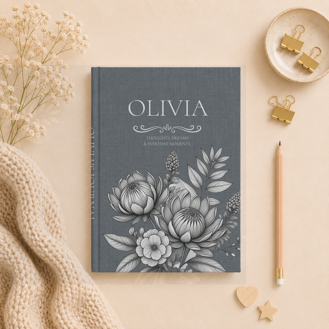 Personalized Linen-look Journal | Custom Hardcover Notebook | Australian Botanical Journal | Elegant Name Notebook