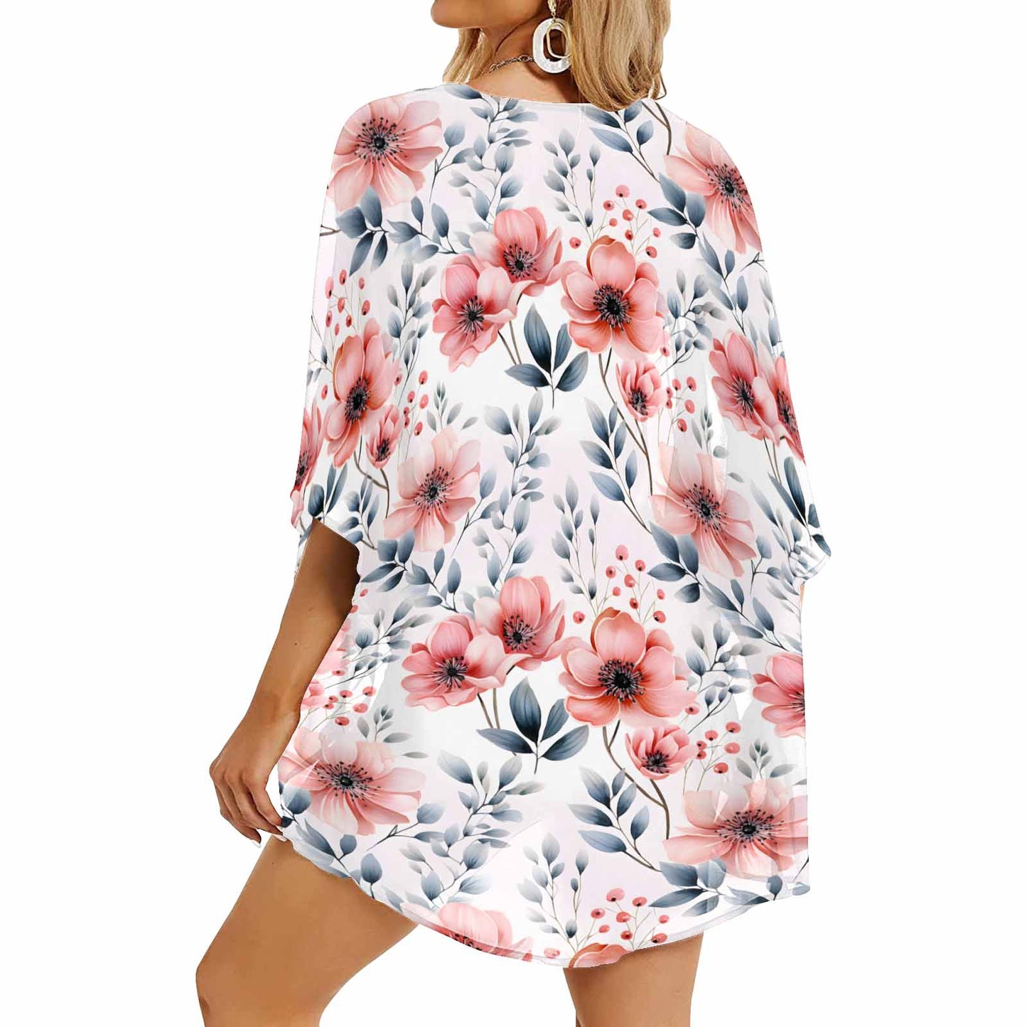 Apricot and Grey Floral  Women's Kimono Chiffon Cover Up