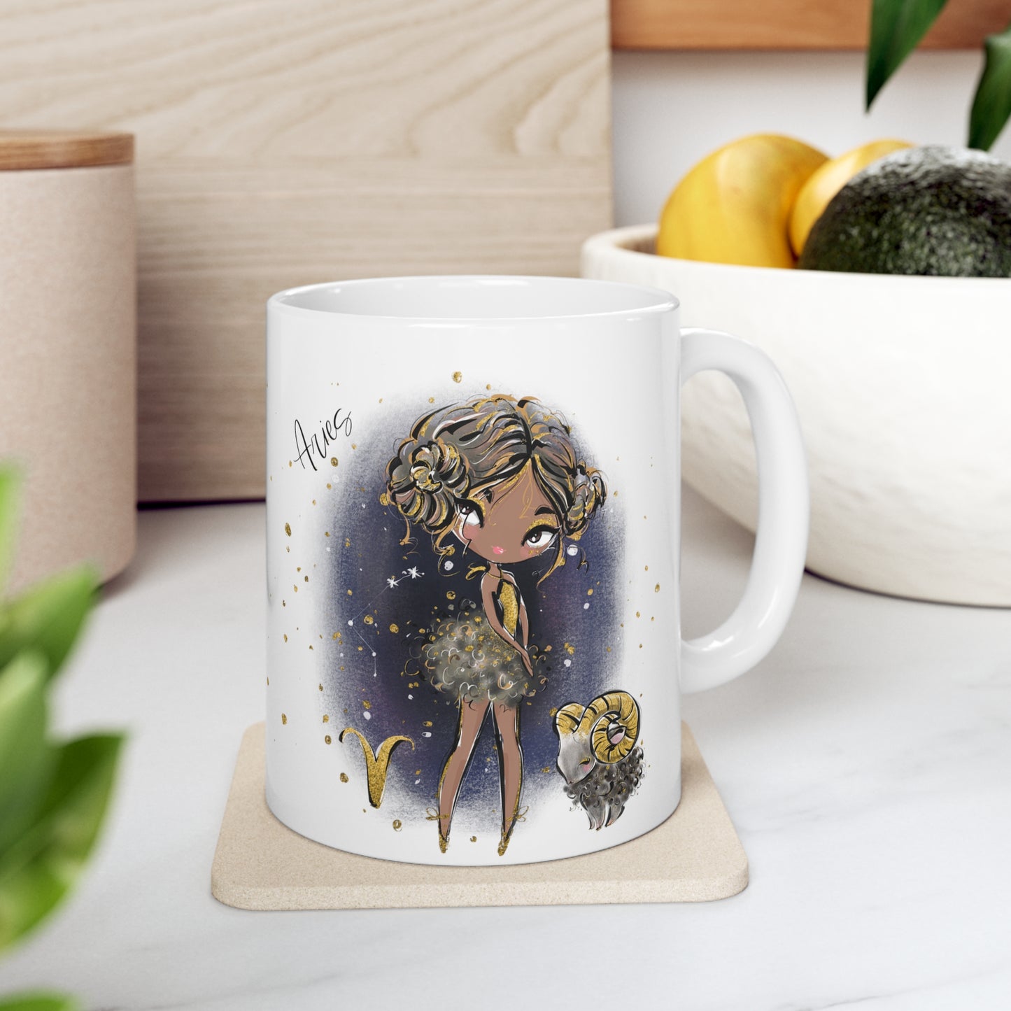 Personalised/Non Personalised Zodiac Sign, Aries, Ceramic Mug 11oz Brown Hair - Olive Skin - Brown Eyes - Bg