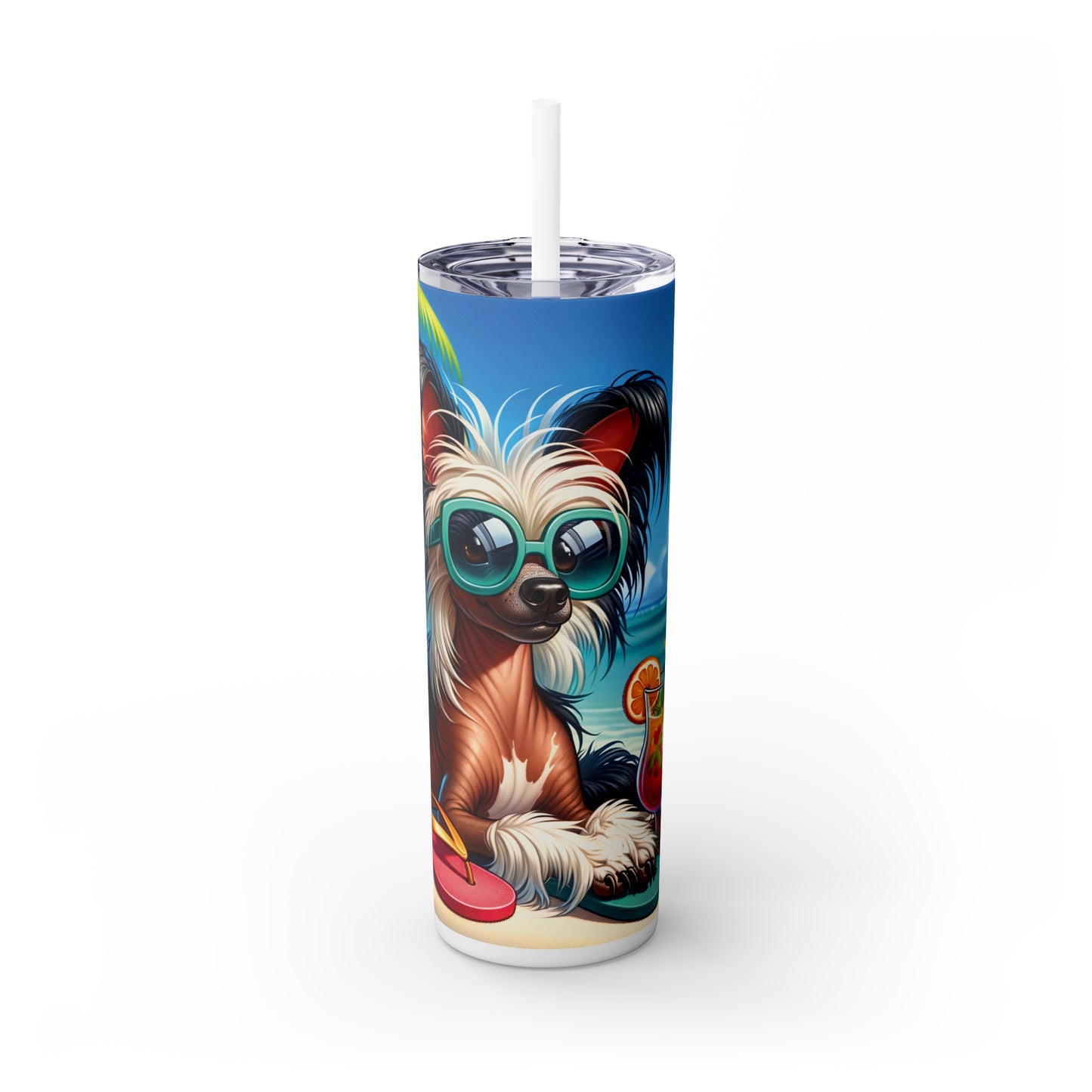 Skinny Tumbler with Straw, 20oz, Dog on Beach, Chinese Crested, awd-1206