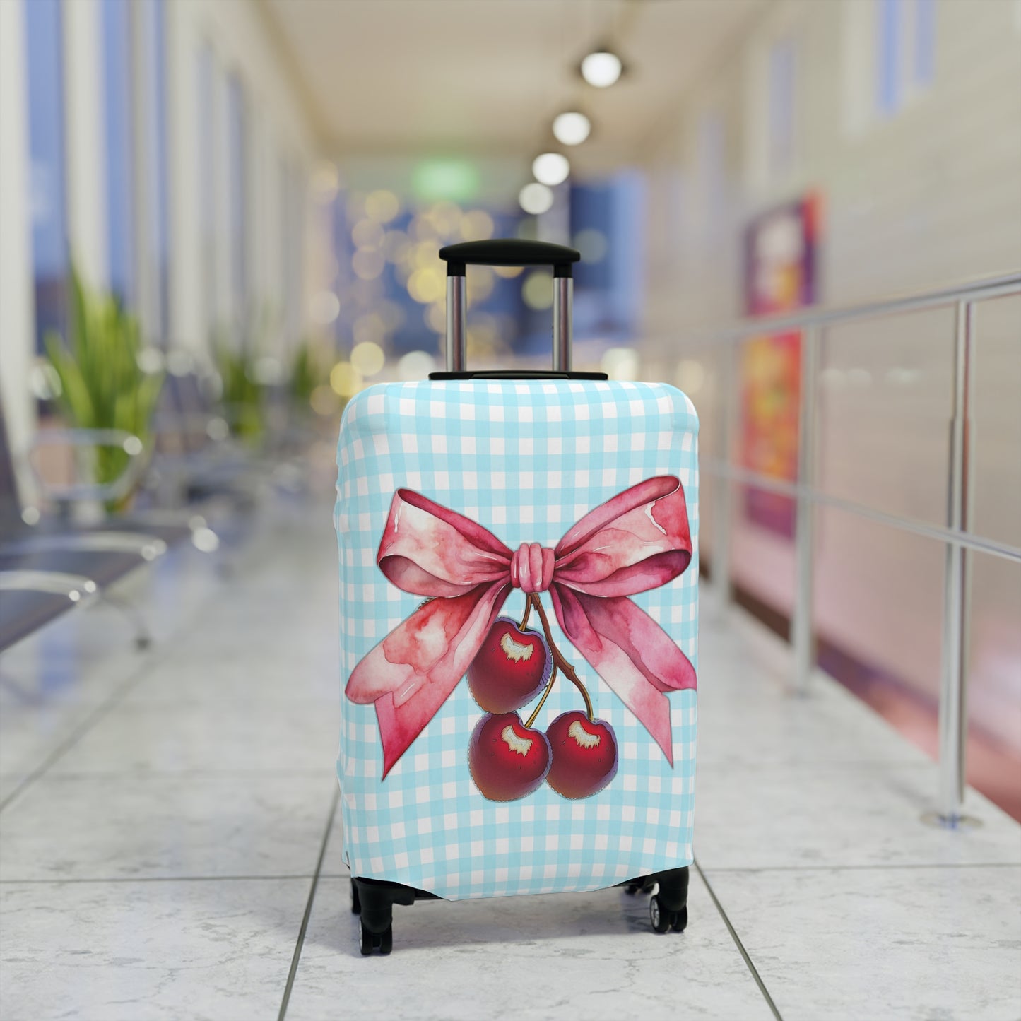 Luggage Cover, Rockabilly, Coquette, Pastel Blue Gingham, Cherries and Ribbon, awd-2513