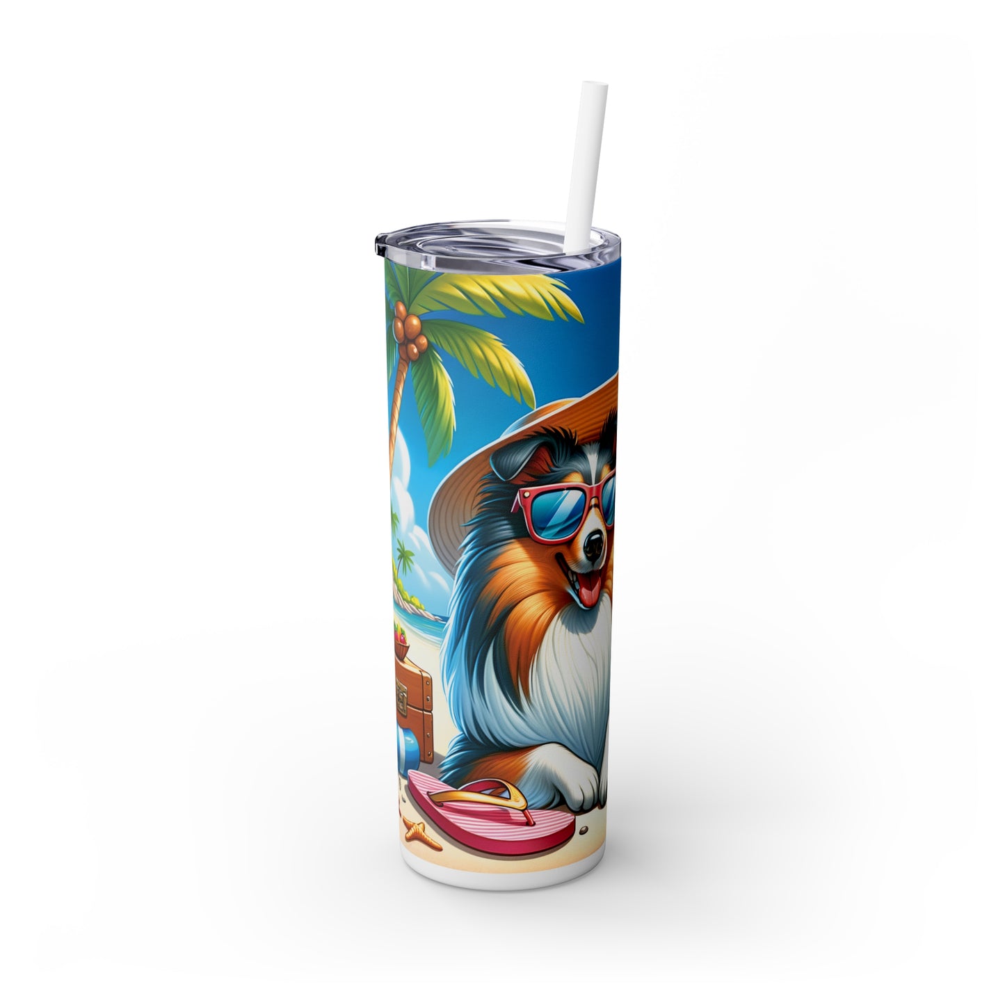 Skinny Tumbler with Straw, 20oz, Dog on Beach, Sheltie, awd-1243