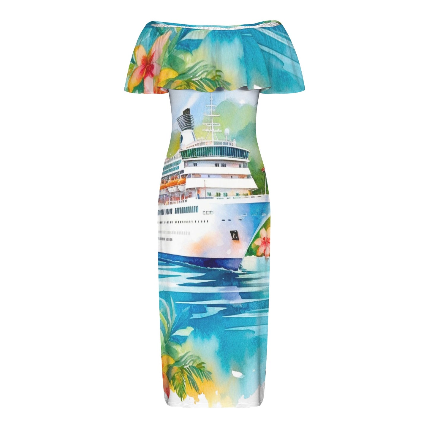 Just Cruisin Women's Off Shoulder Ruffle Boat Neck Dress (Model D71)