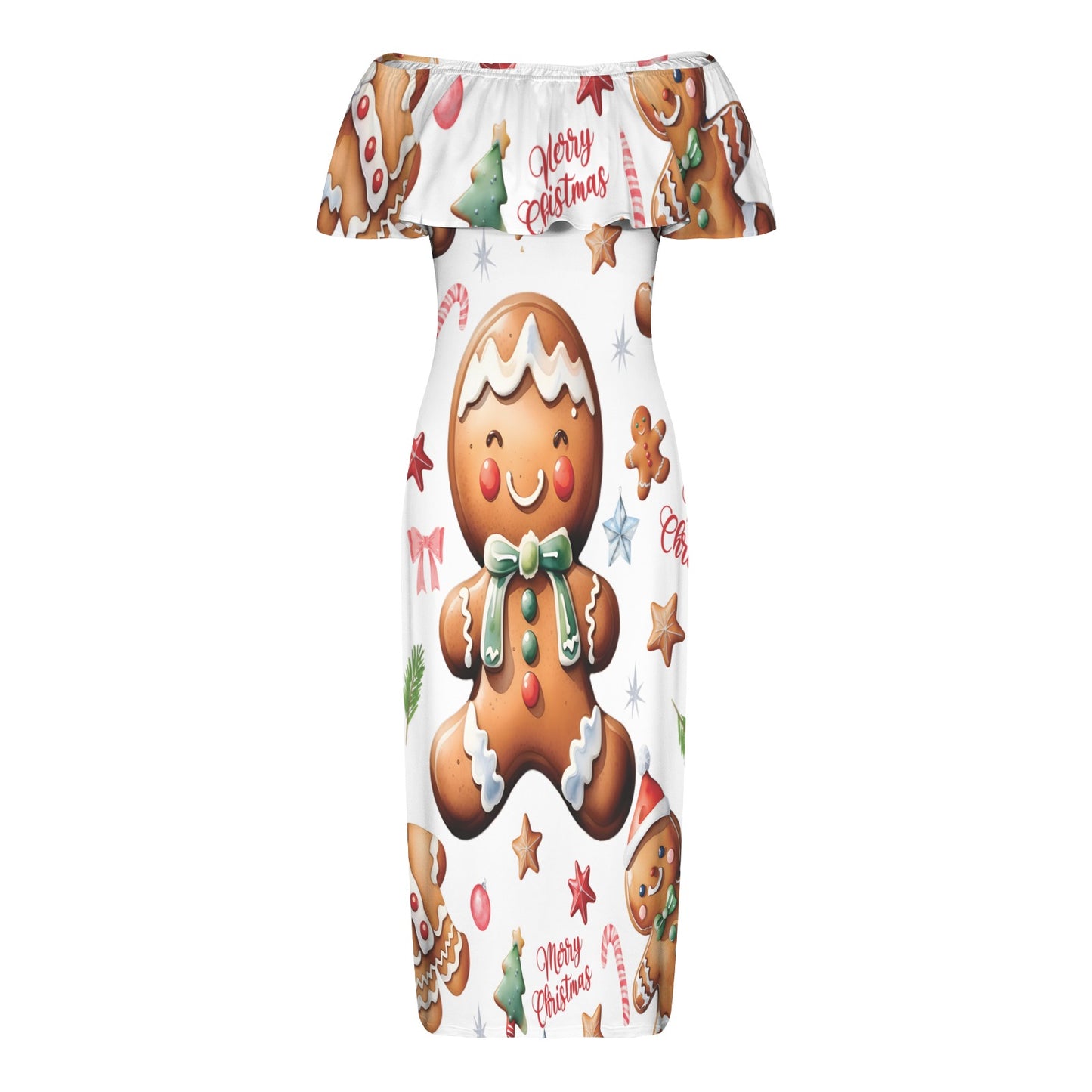 Gingerbread man awd316 Women's Off Shoulder Ruffle Boat Neck Dress (Model D71)
