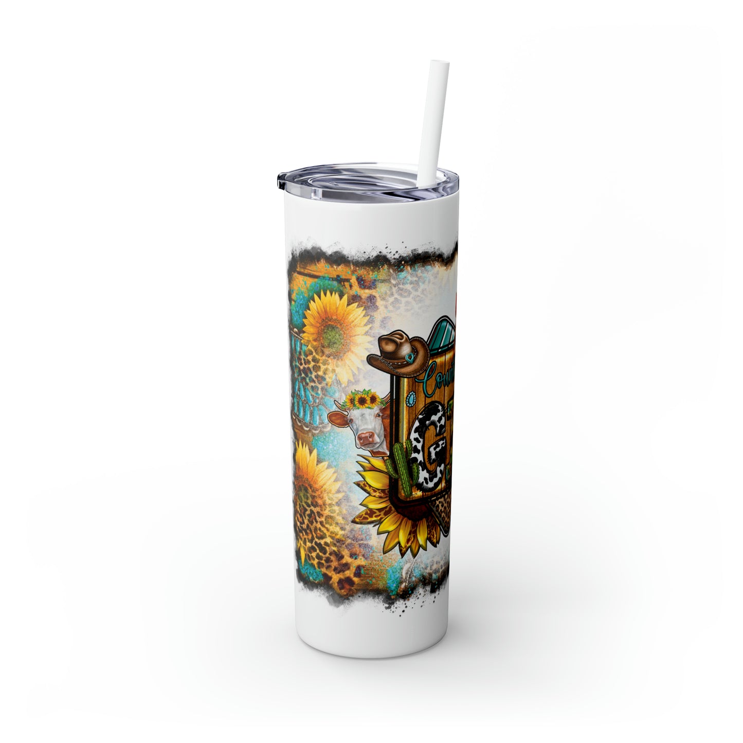 Skinny Tumbler with Straw, 20oz, Sunflowers, Western, Quote, Country Girl