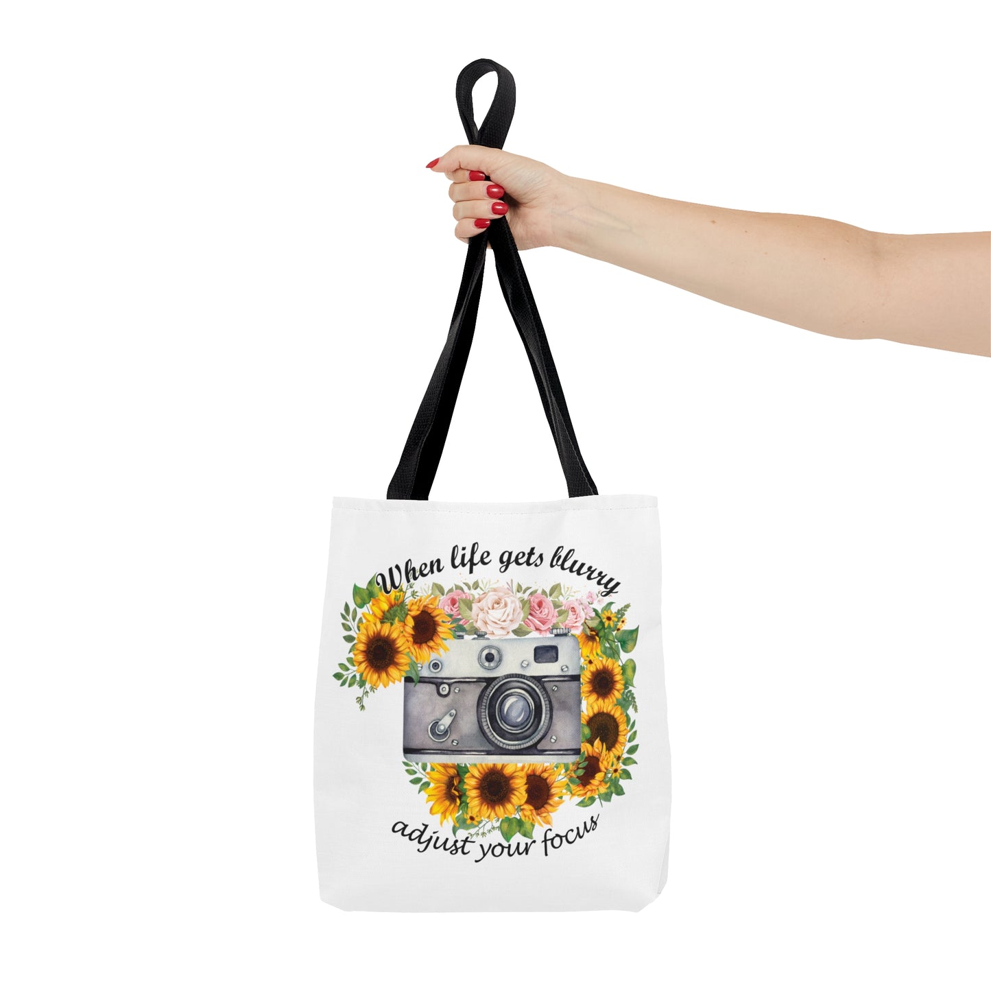 Personalised/Non-Personalised Tote Bag, Sunflower, Camera, When Life gets Blurry adjust your Focus, Tote bag