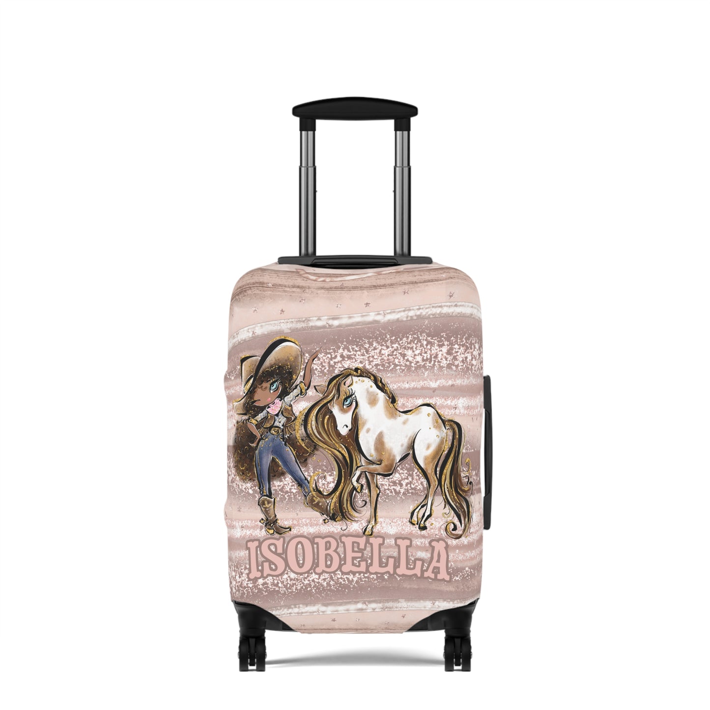 Luggage Cover, Howdy Cowgirl and Horse, Brunette Curly Hair Olive Skin Blue Eyes