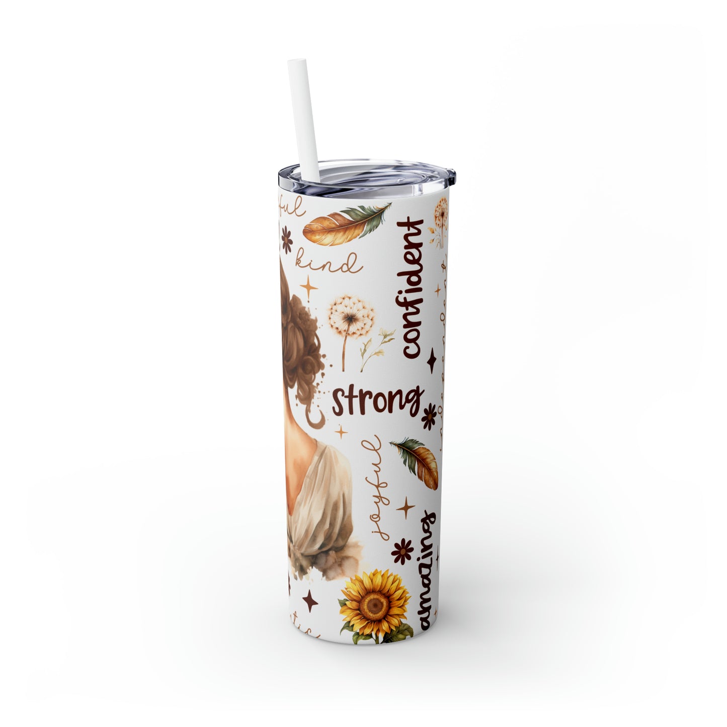 Skinny Tumbler with Straw, 20oz, Affirmation, Woman Brown Hair, awd-504