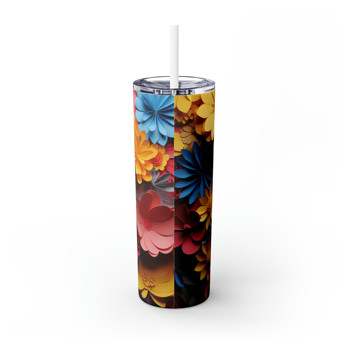 Skinny Tumbler with Straw, 20oz, Floral Paper Cut Cat, awd-423