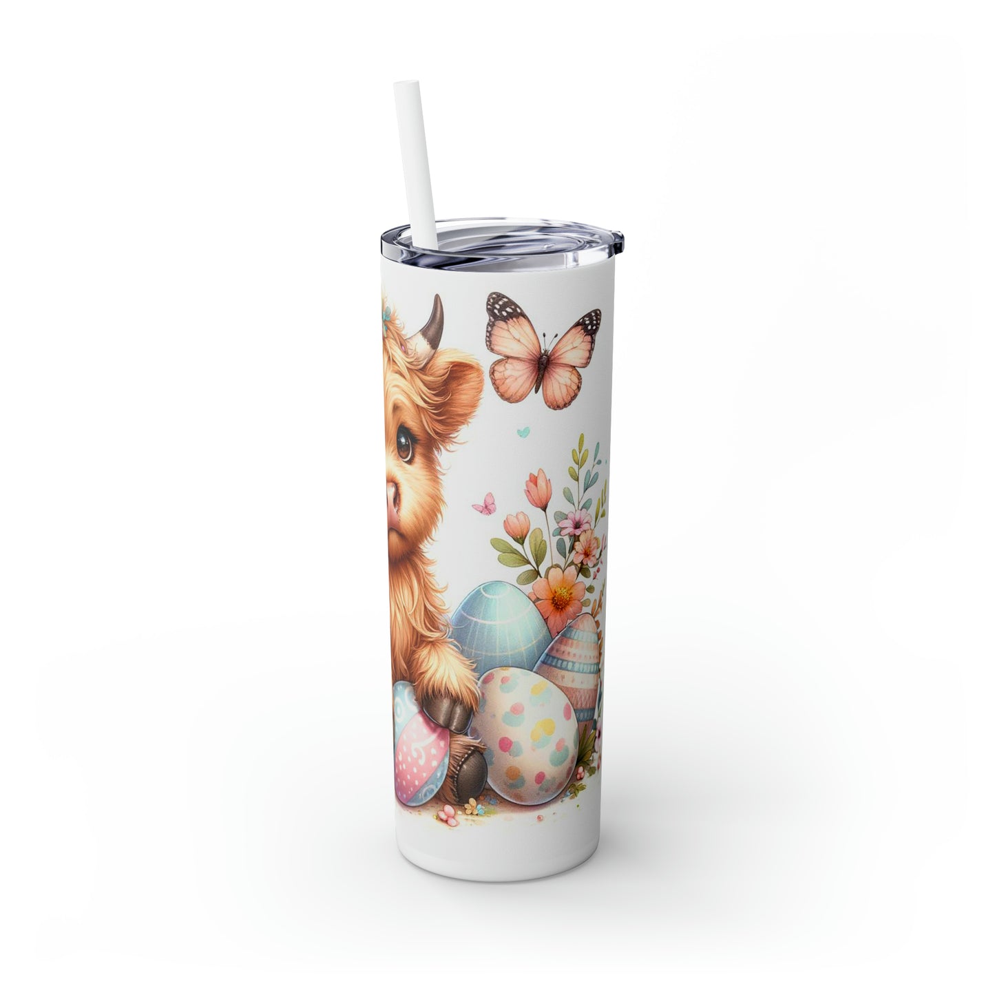 Skinny Tumbler with Straw, 20oz, Easter, Highland Cow, awd-1061