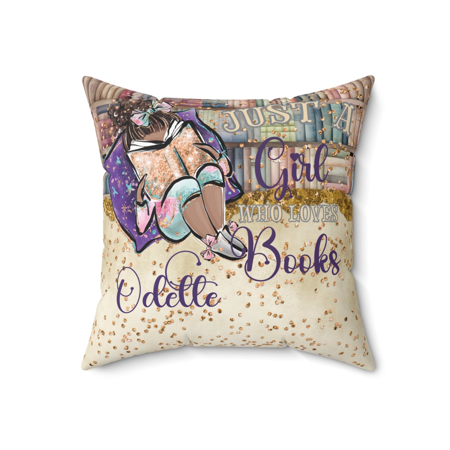 Polyester Square Pillow, Just a Girl who Loves Books, Dark Skin