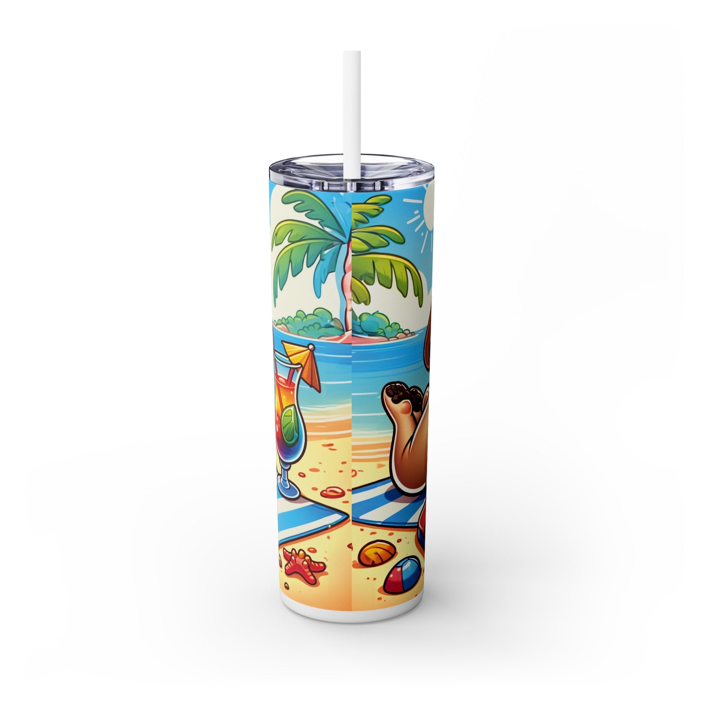 Skinny Tumbler with Straw, 20oz, Dog on Beach, Pug, awd-1236