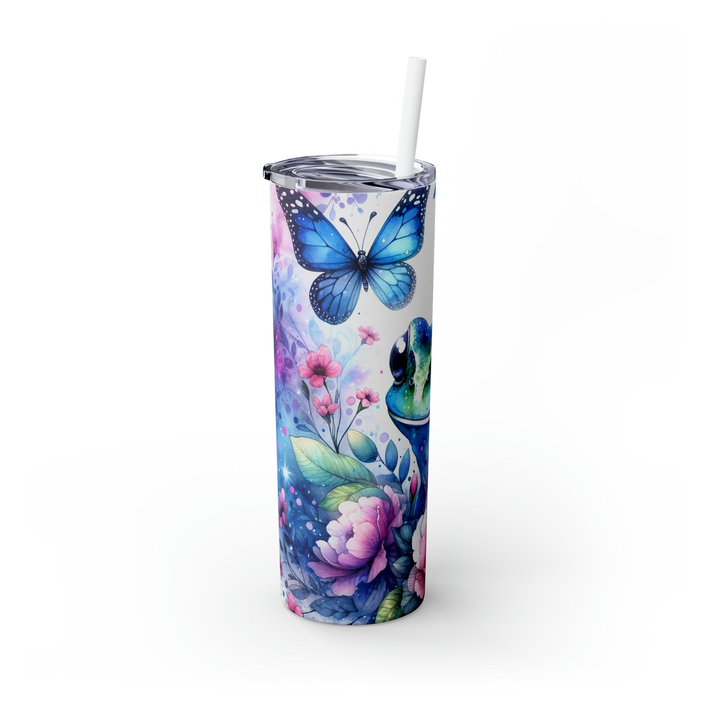 Skinny Tumbler with Straw, 20oz, Floral & Frog, awd-409