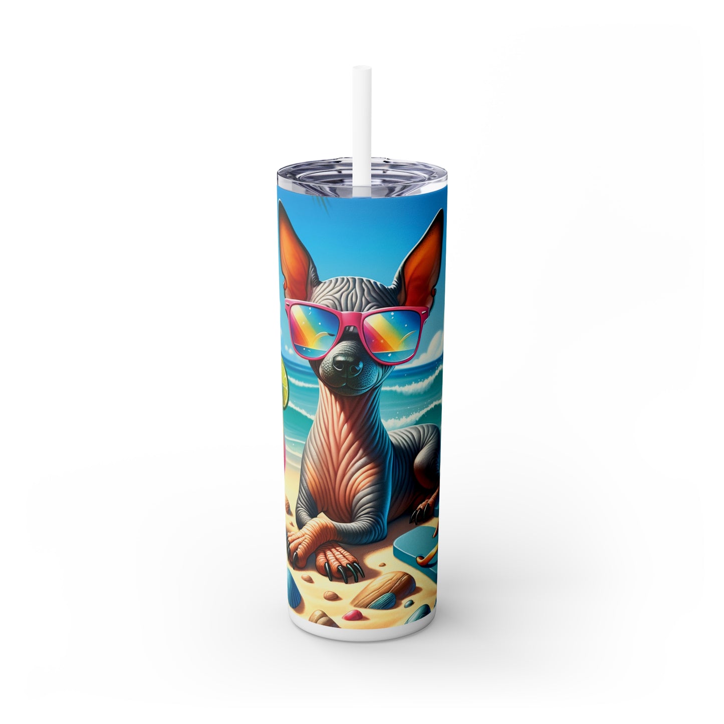 Skinny Tumbler with Straw, 20oz, Dog on Beach, Xloitcuintli, awd-1253