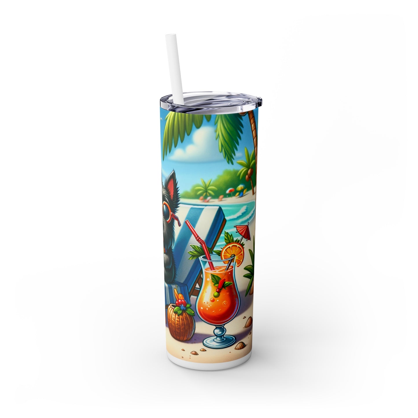 Skinny Tumbler with Straw, 20oz, Dog on Beach, Scottish Terrier, awd-1241