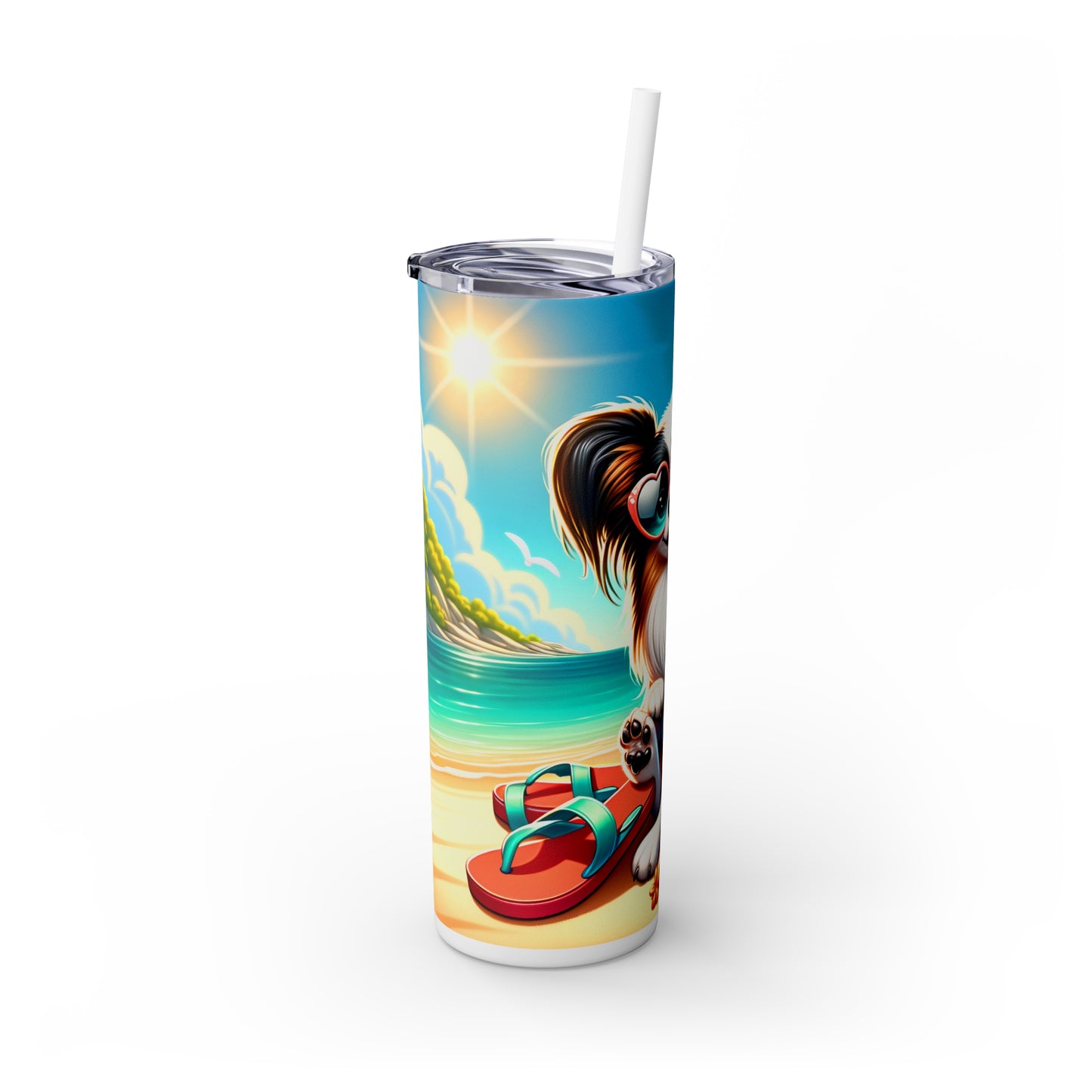 Skinny Tumbler with Straw, 20oz, Dog on Beach, Old Papillon, awd-1229