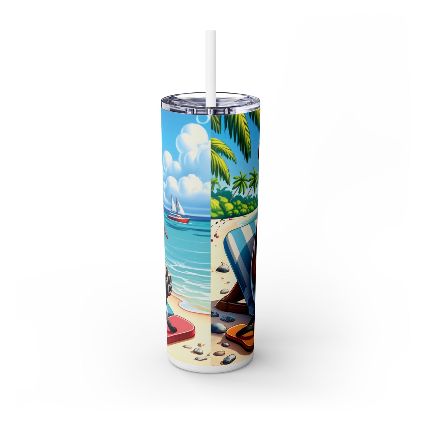 Skinny Tumbler with Straw, 20oz, Dog on Beach, English Bulldog, awd-1210