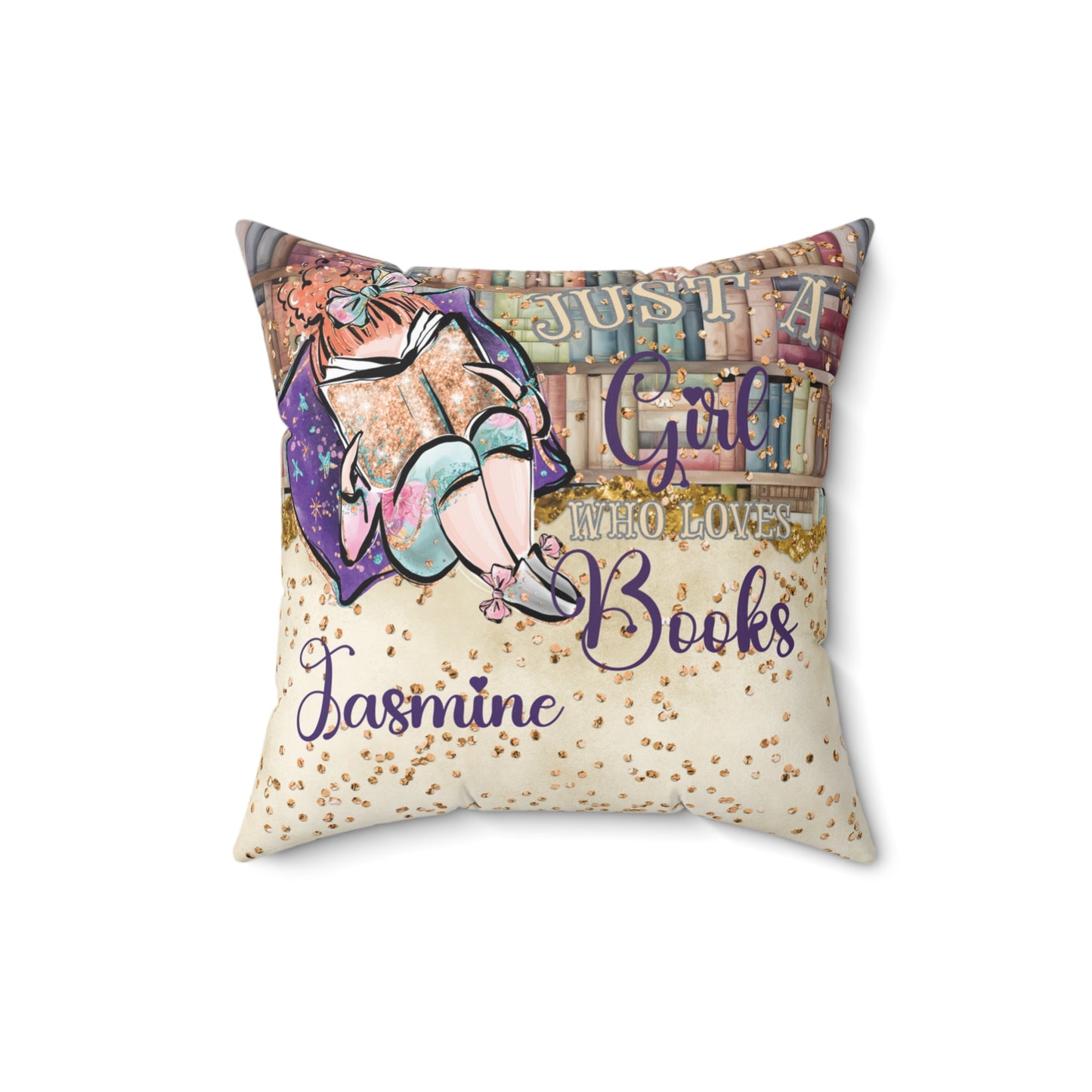 Polyester Square Pillow, Just a Girl who Loves Books, Red Hair