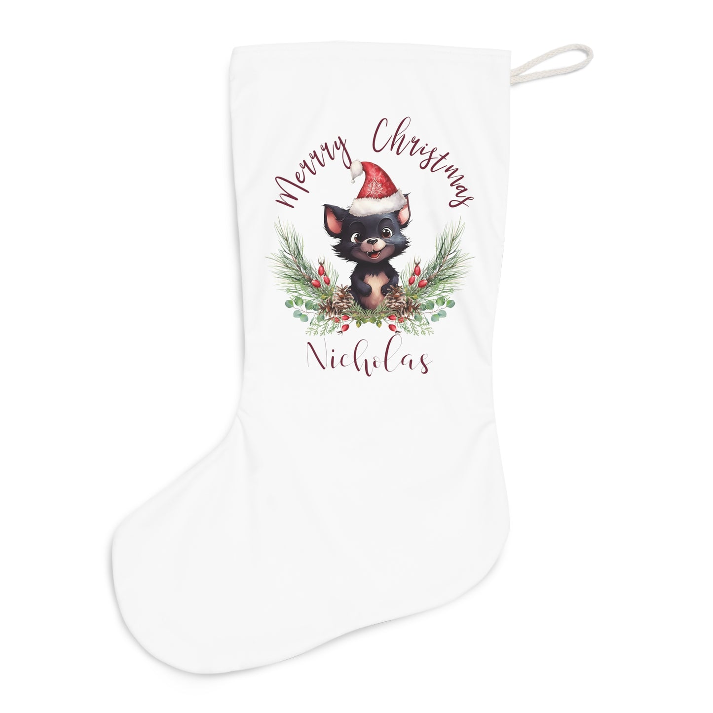 Personalised Santa Stocking, Australian Animals Poinsettia, Tasmanian Devil