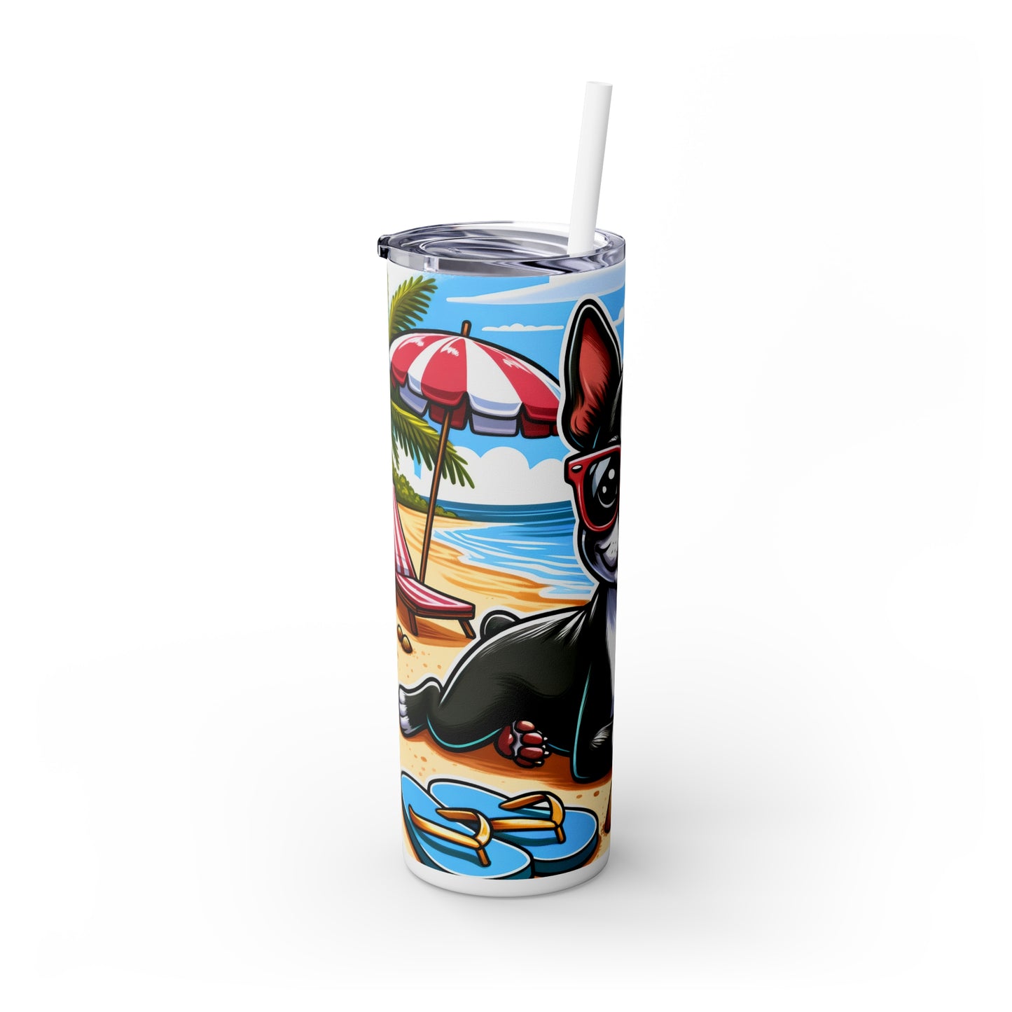 Skinny Tumbler with Straw, 20oz, Dog on Beach, BostonTerrier, awd-1103