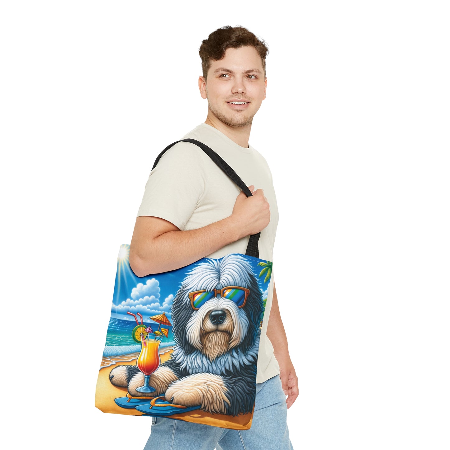 Tote Bag, Dog on Beach, Old English Sheepdog, Tote bag,  awd-1228